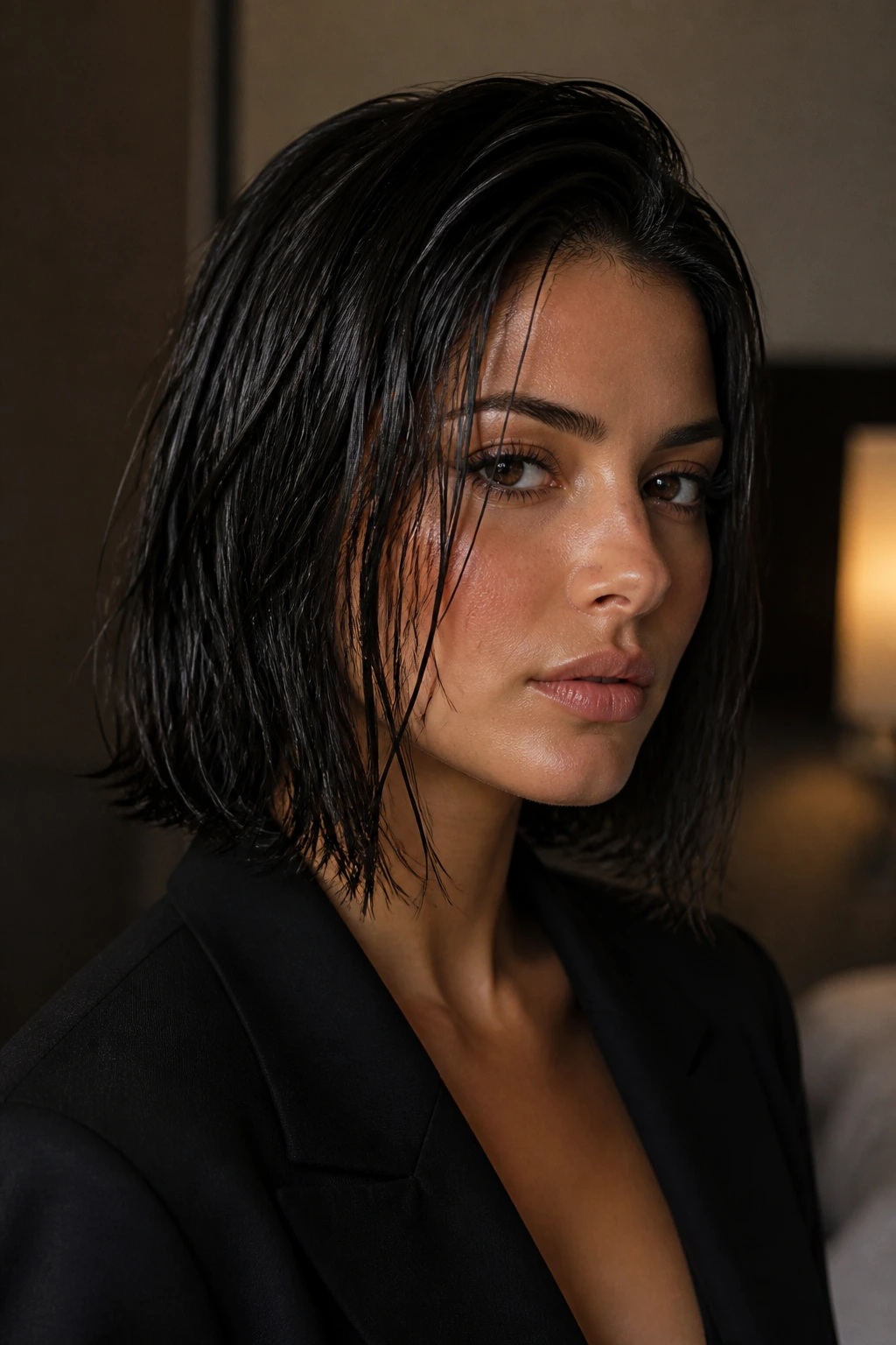 Real woman with glossy wet-look lob in moody light