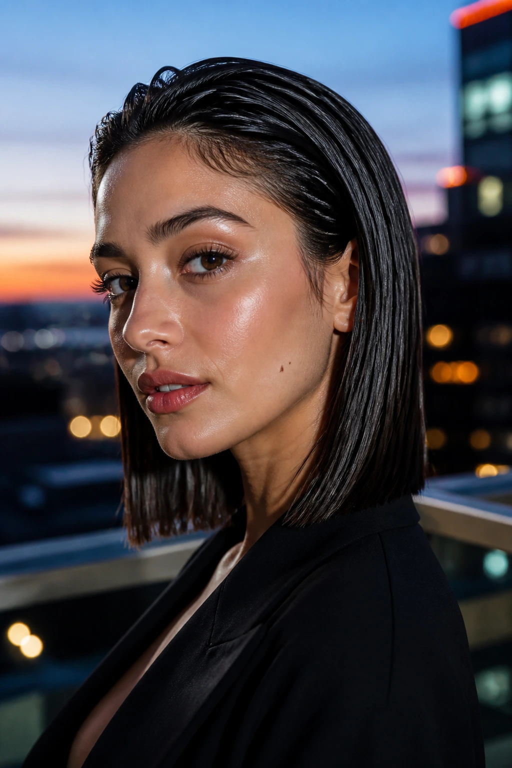 Close-up portrait of a real woman with a wet-look straight lob hairstyle