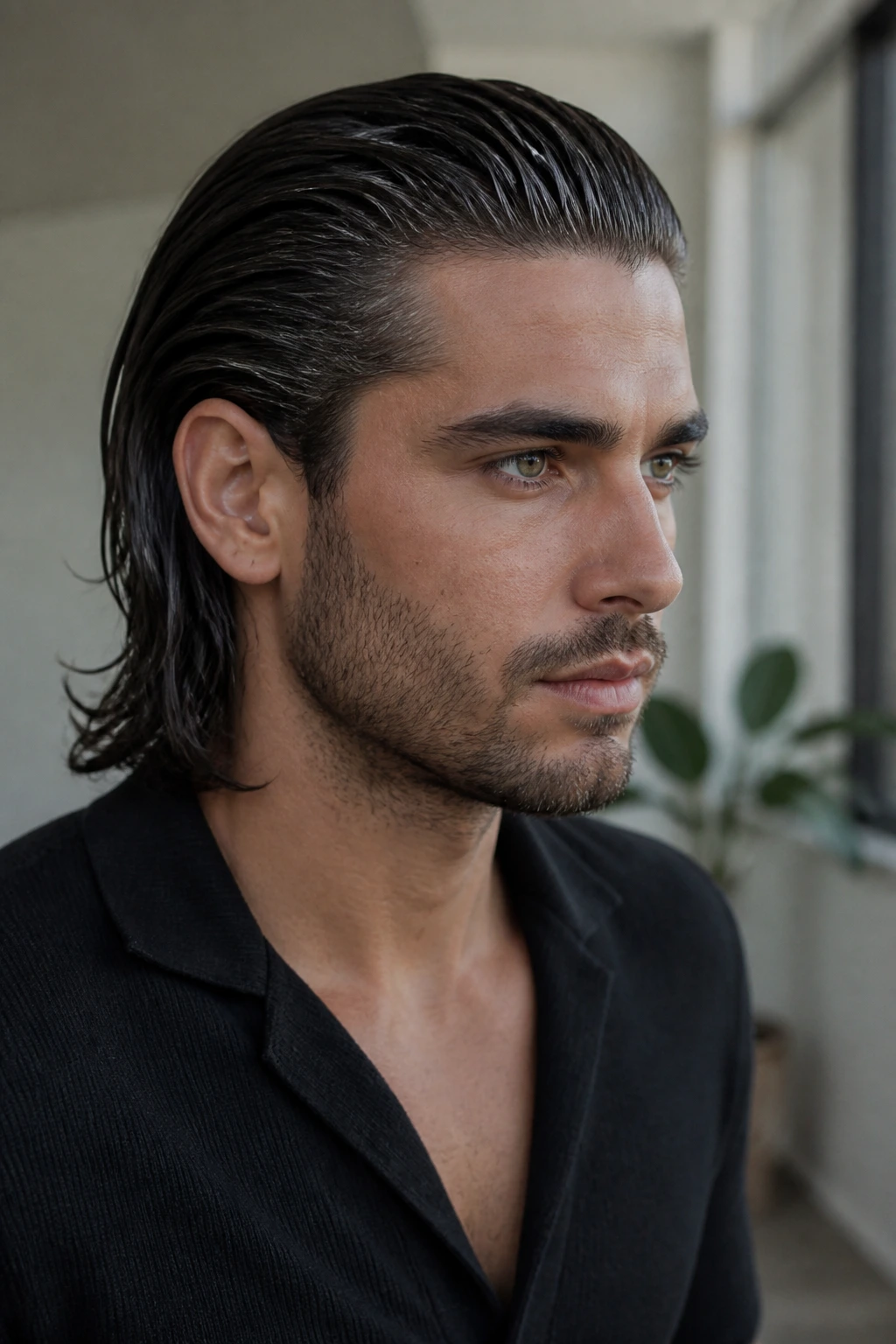 Man with wet-look hair slicked back in bright natural light