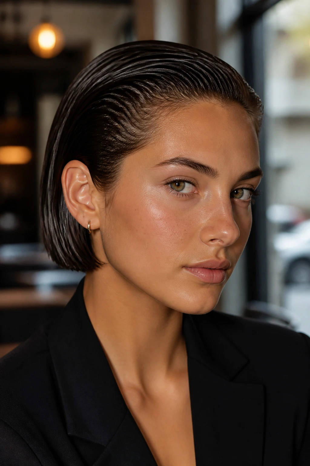 Close-up portrait of a real woman with a wet-look micro bob, straight back and glossy shine.