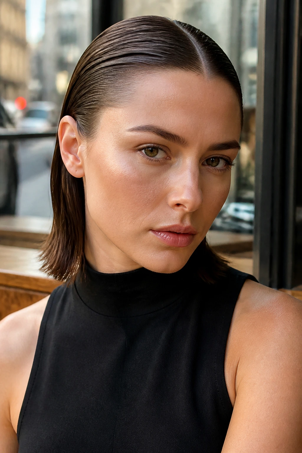 Close-up portrait of a real woman with wet-look straight hair at midi length.