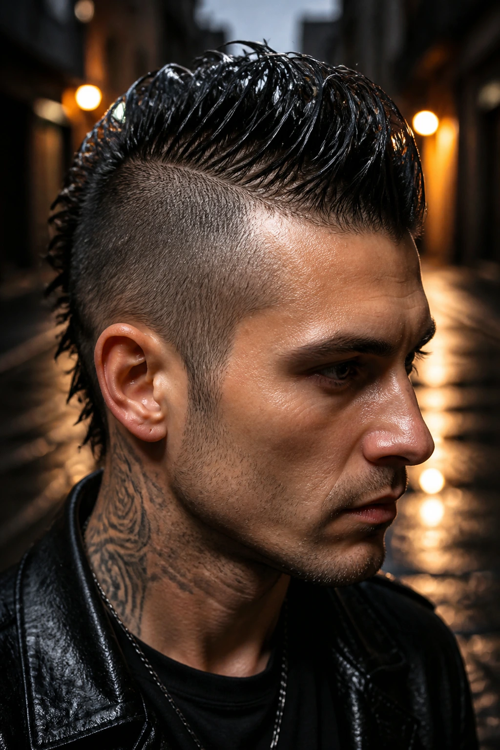 Close-up portrait of a man with a wet-look mohawk in a damp urban alley
