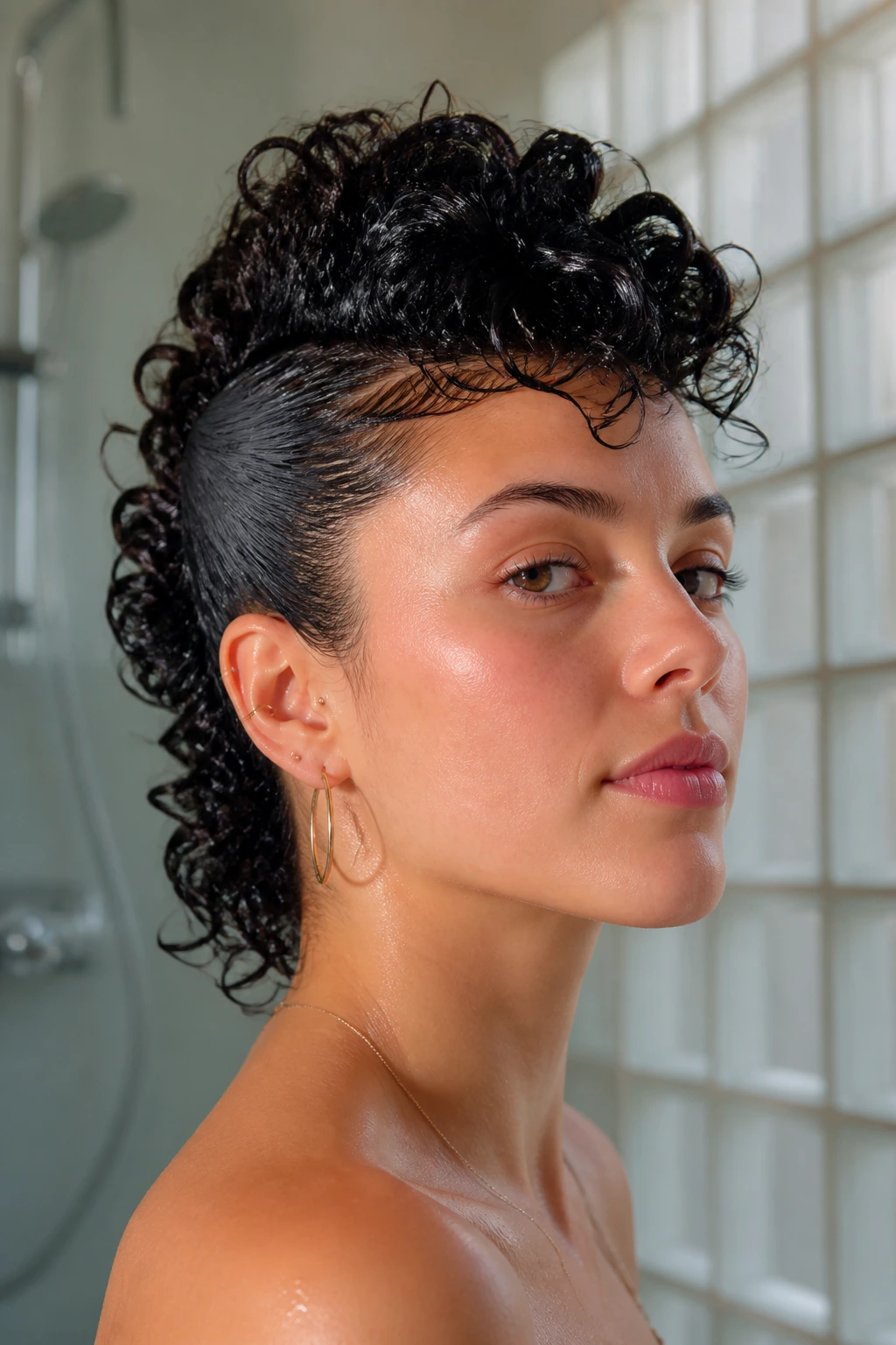 Close-up of a real person with a wet-look curly mohawk and glossy curls