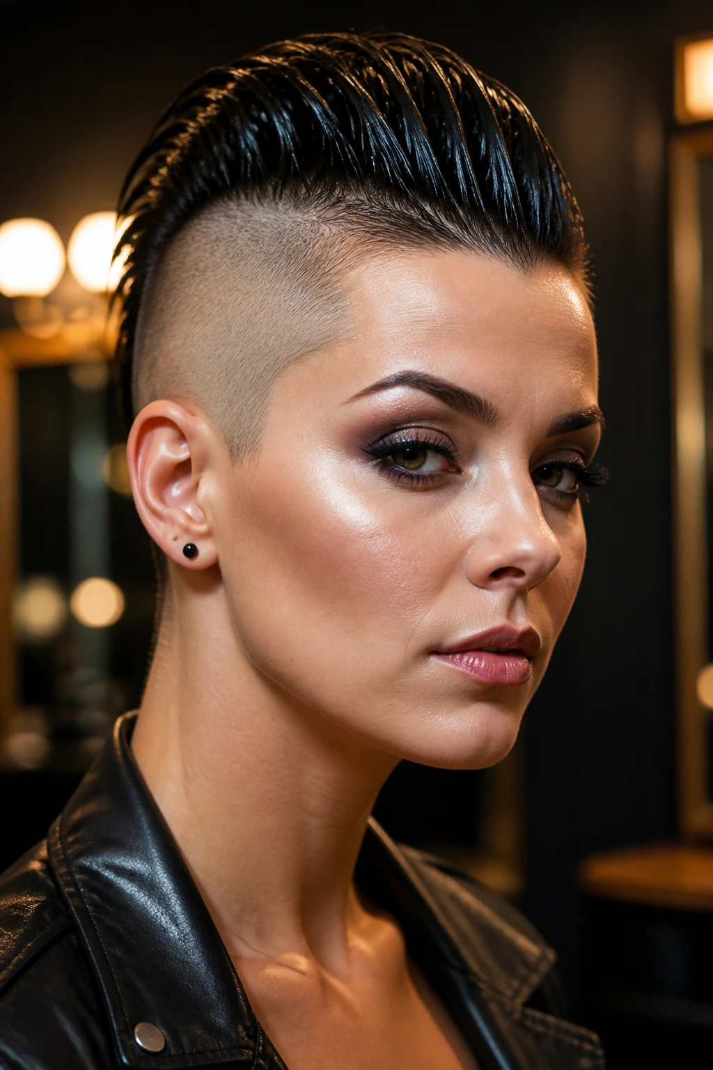Close-up of a woman with a glossy wet-look mohawk hairstyle