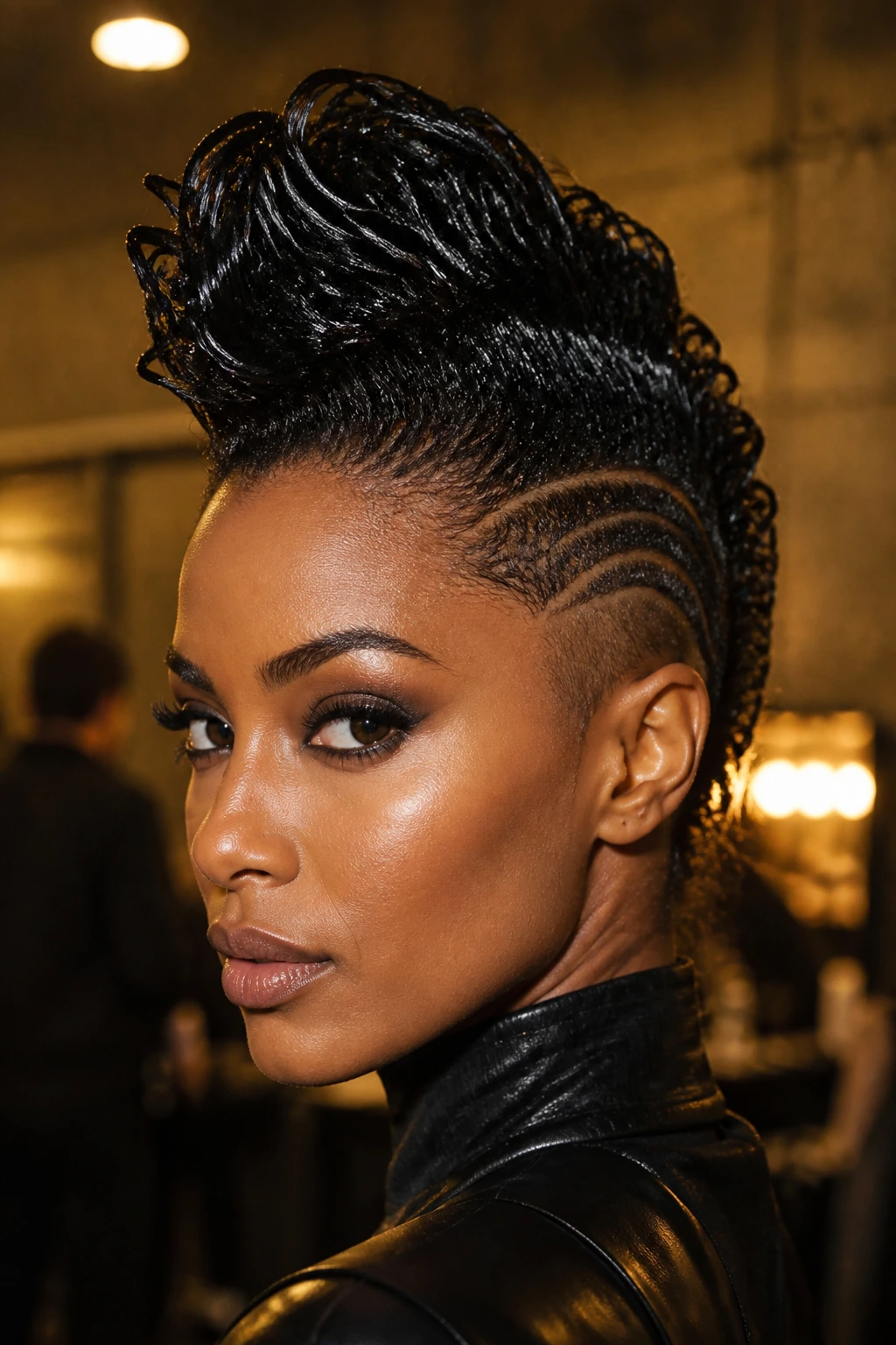 Close-up of Wet-Look Sculpted Mohawk on a real Black woman with glossy damp hair