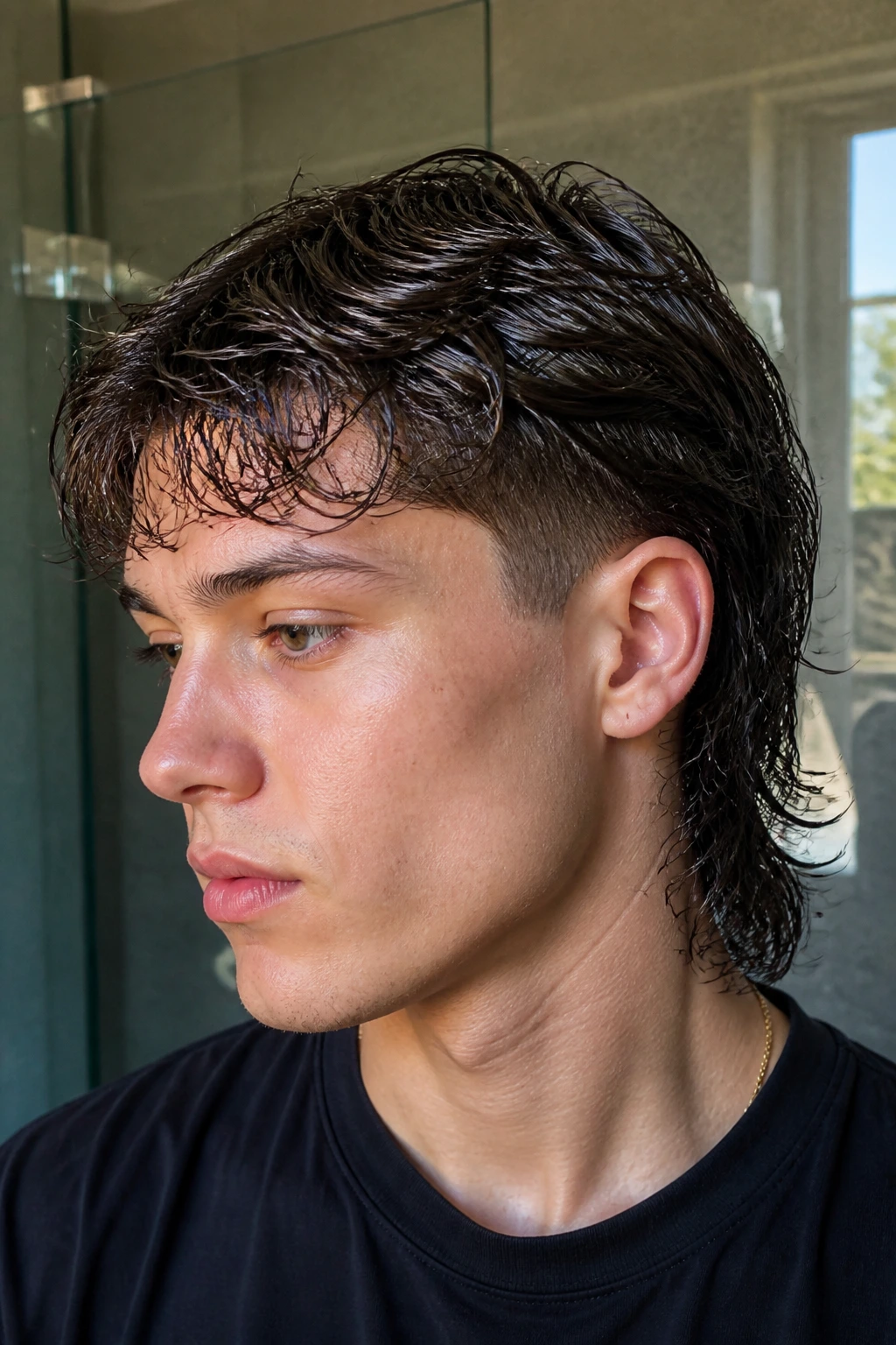 Close-up of a real person with a glossy wet-look mullet in a bright bathroom.