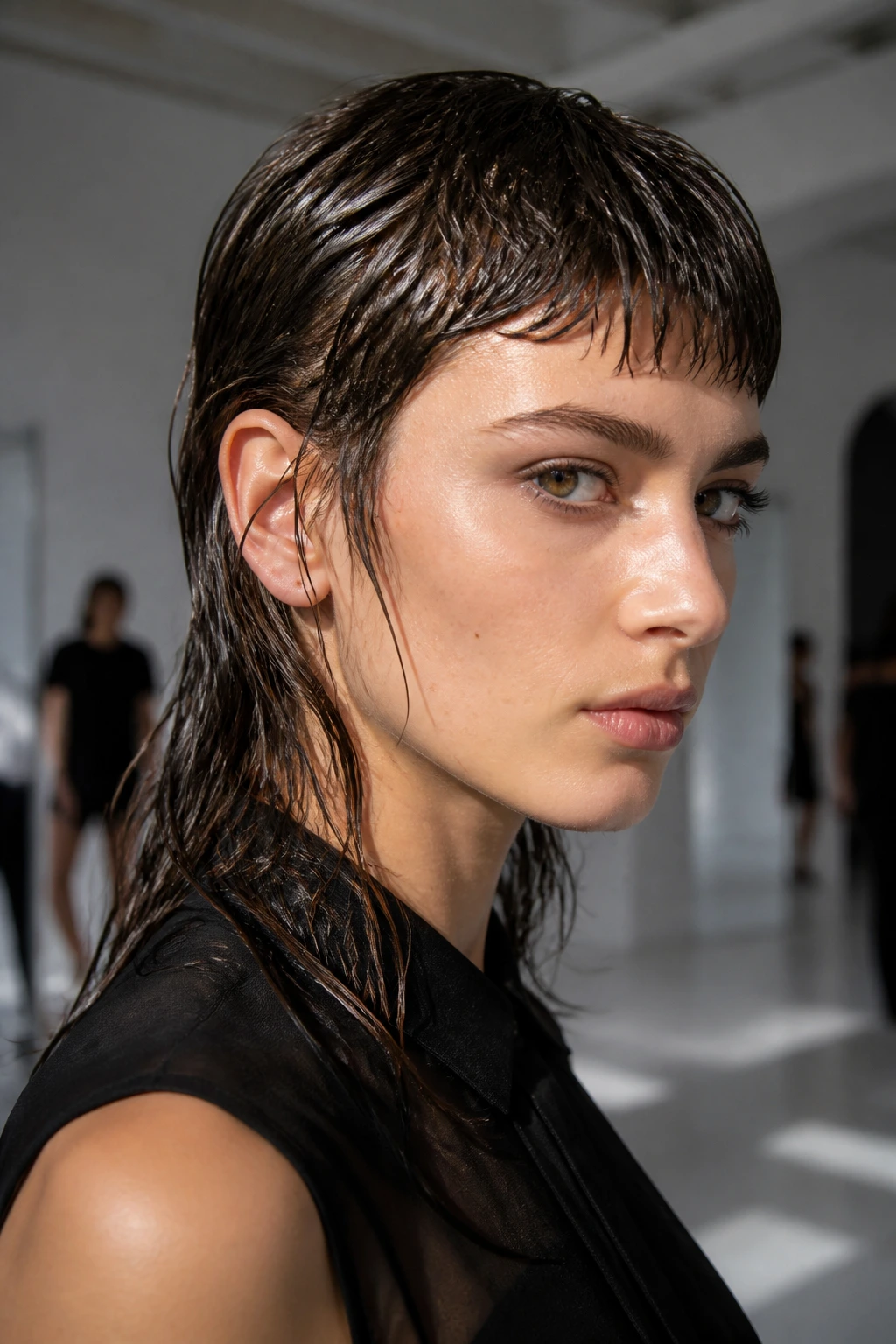 Close-up of a woman with a glossy wet-look mullet hairstyle.