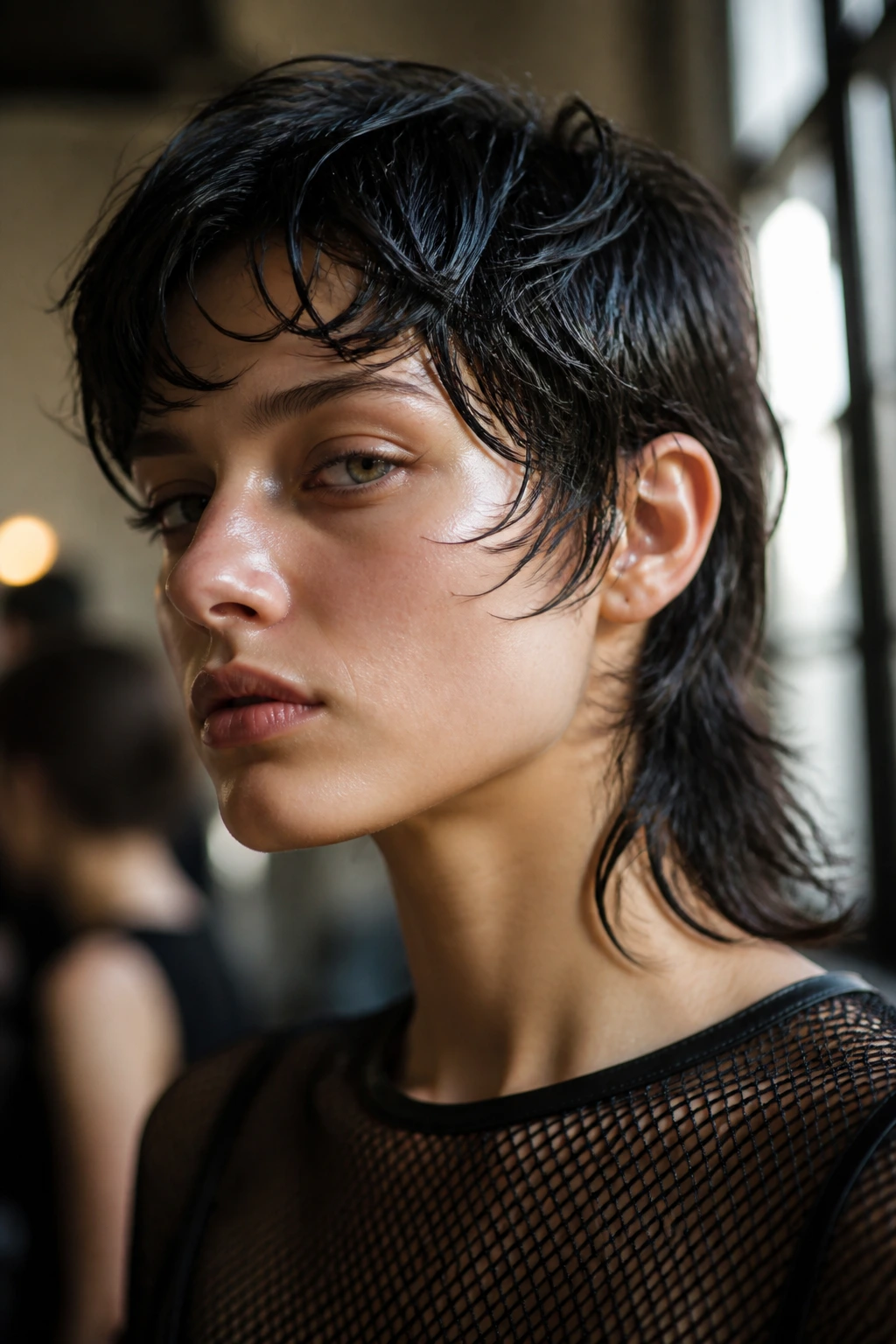 Close-up portrait of a real person with a wet-look mullet in moody backstage lighting