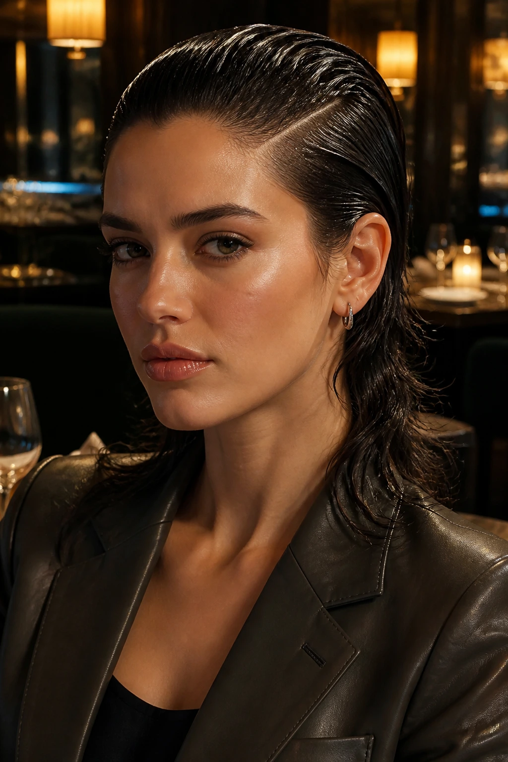 Close-up of a person with a glossy wet-look mullet, hard part, and ends tucked behind the ears in a moody indoor setting.