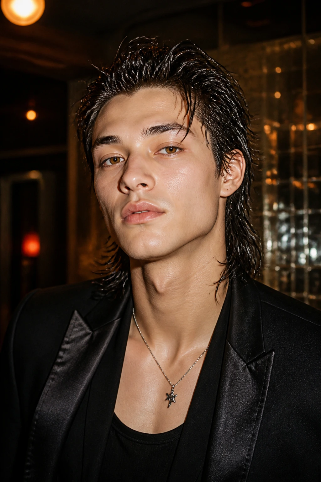 Close-up of a real person with a wet-look wolf mullet in a nightclub setting.