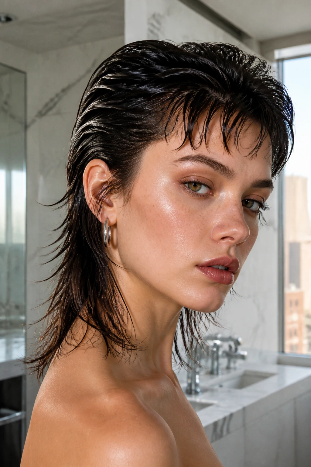 Close-up portrait of a real woman with a wet-look slick-top mullet in a chic bathroom setting