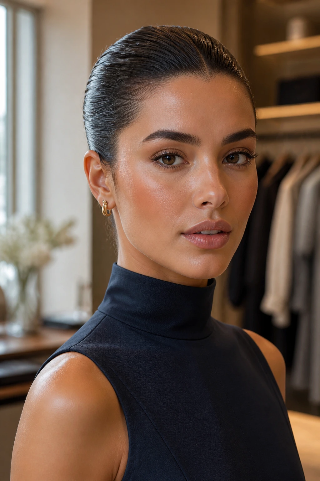 Close-up portrait of a woman with a sleek wet-look hairstyle and a high-neck top in a boutique setting