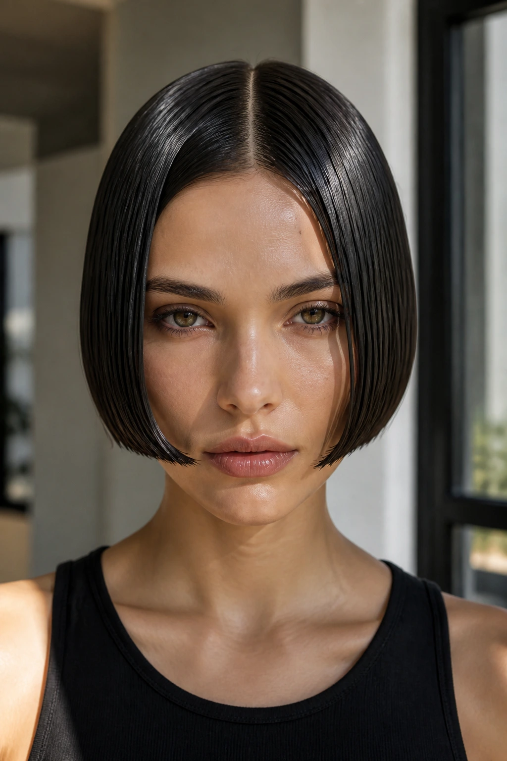 Real person with wet-look pageboy finish under soft interior lighting