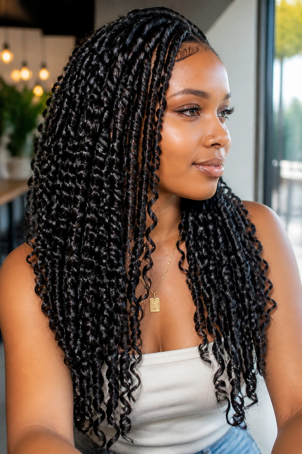 Close-up of real woman's wet-look passion twists with glossy shine in cafe window light