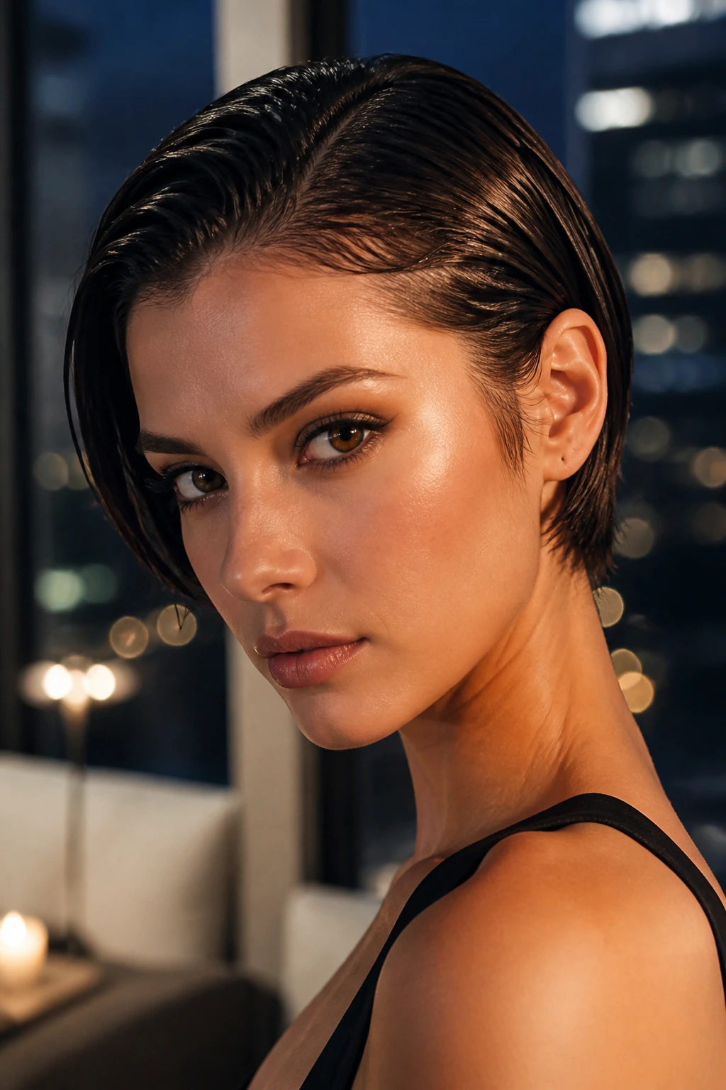 Close-up portrait of a real person wearing Wet-Look Pixie Bob with glossy, slick hair