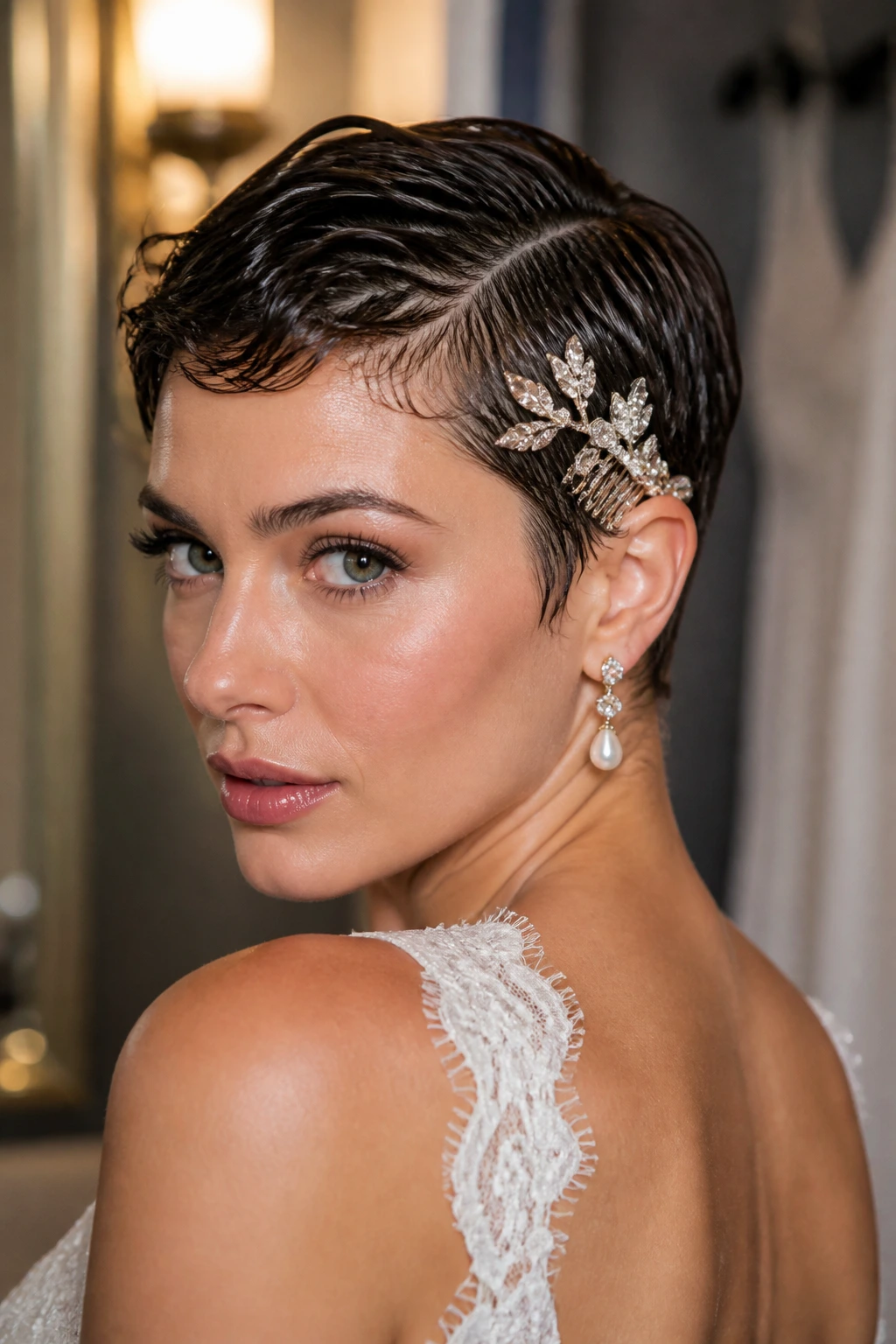 Bride with wet-look pixie and veil comb