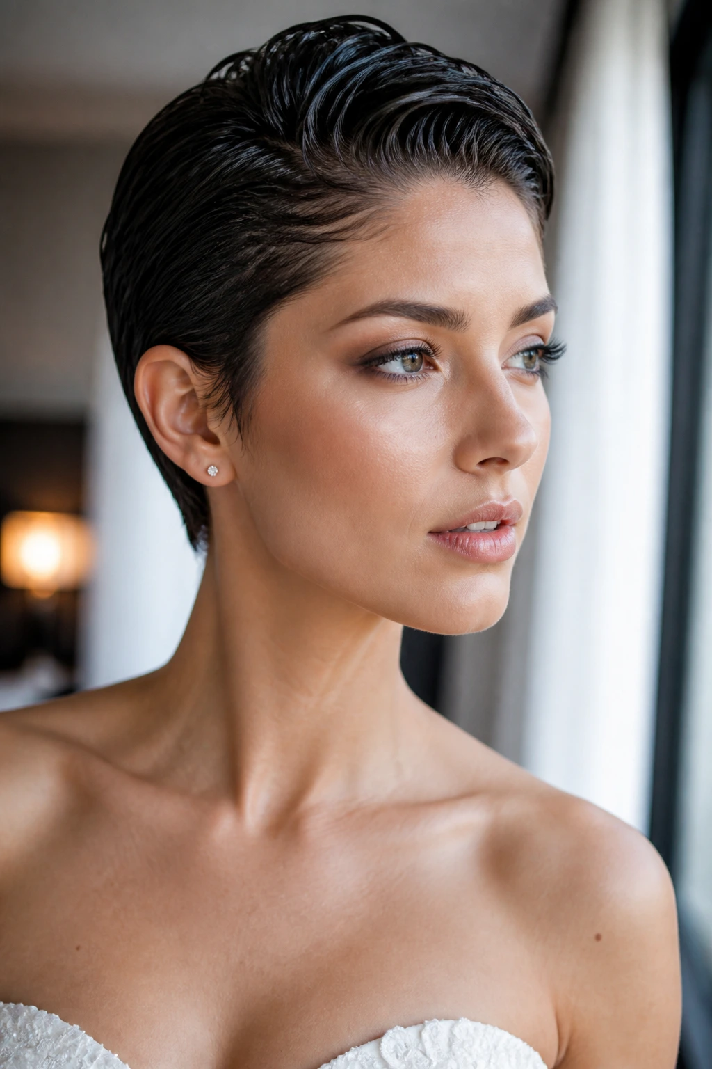 Close-up of a real bride with a glossy wet-look pixie.