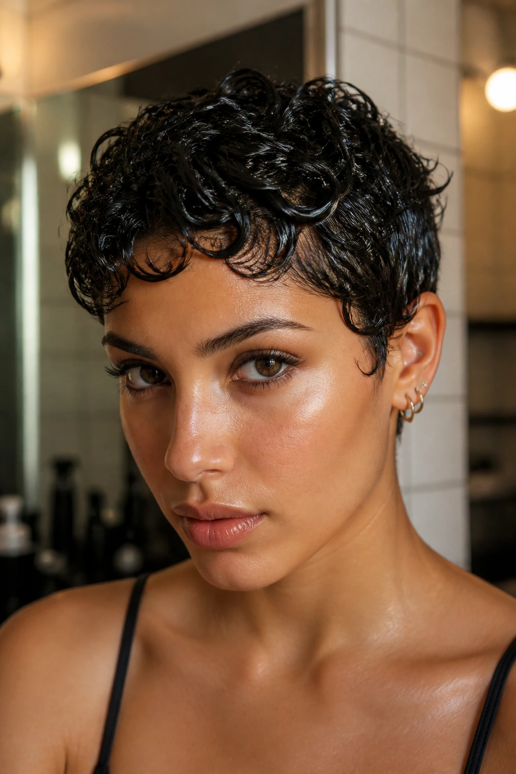 Close-up portrait of a real woman with a wet-look pixie featuring glossy defined curl clumps.