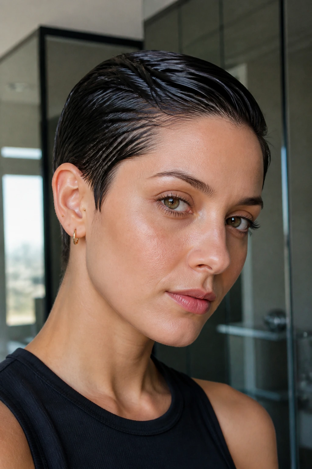 Close-up of a real woman with a sleek wet-look pixie and glassy finish