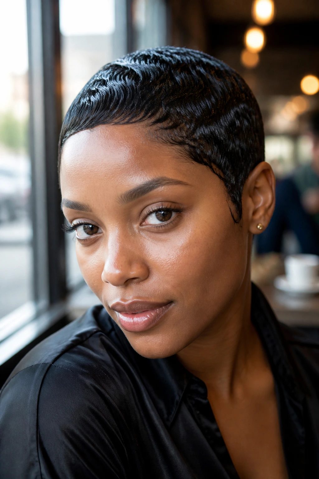 Close-up of a real Black woman with a sleek, glossy wet-look pixie.