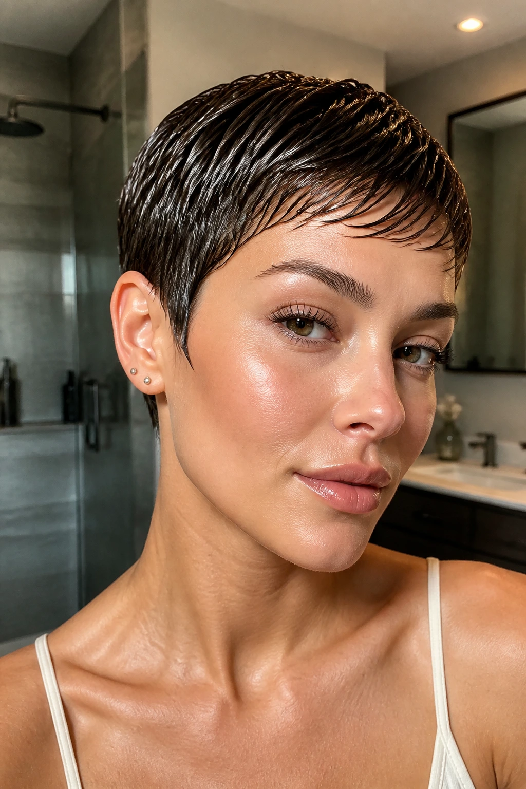Close-up portrait of a real woman with glossy wet-look pixie
