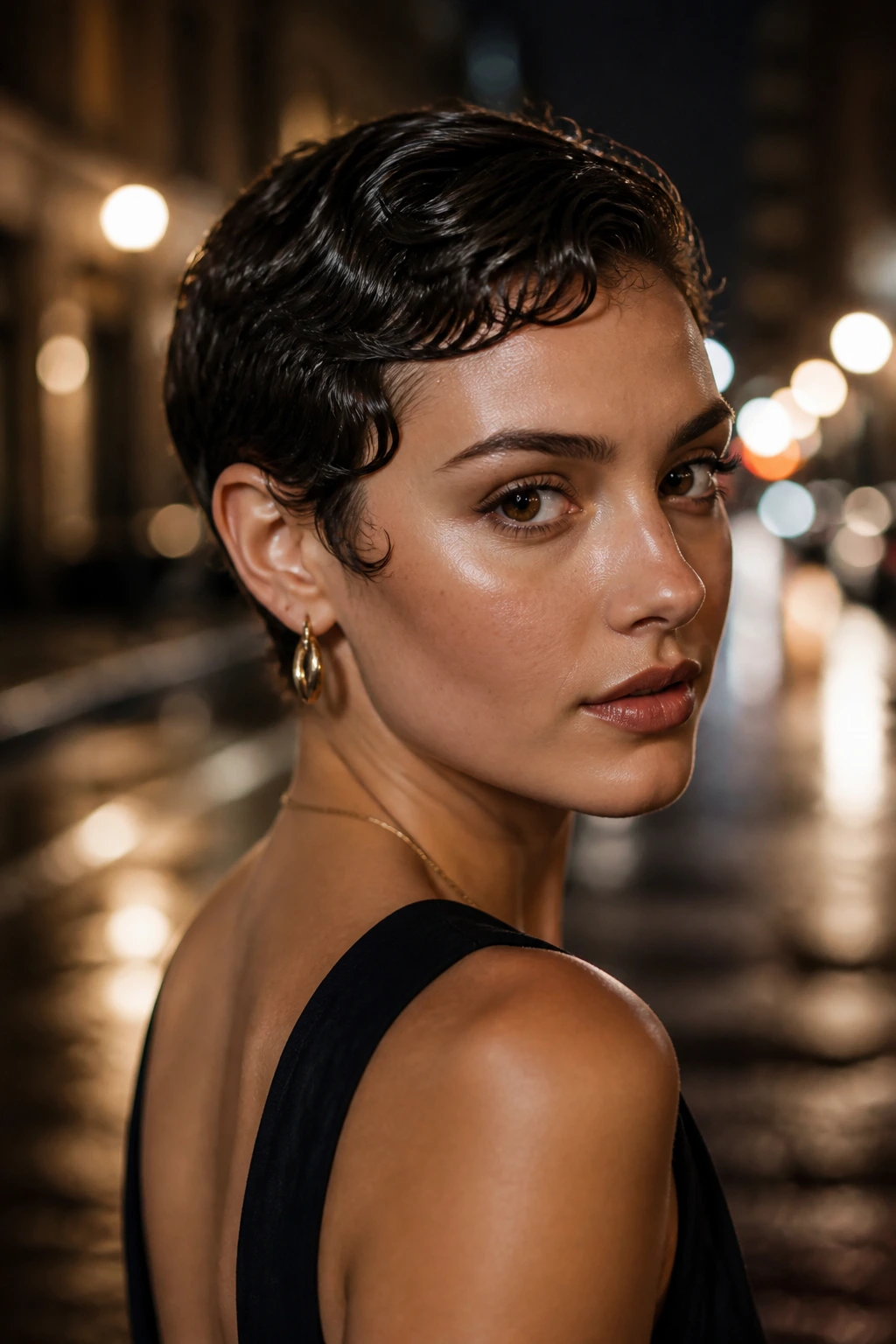 Close-up of a real person with a wet-look pixie hairstyle on a night street