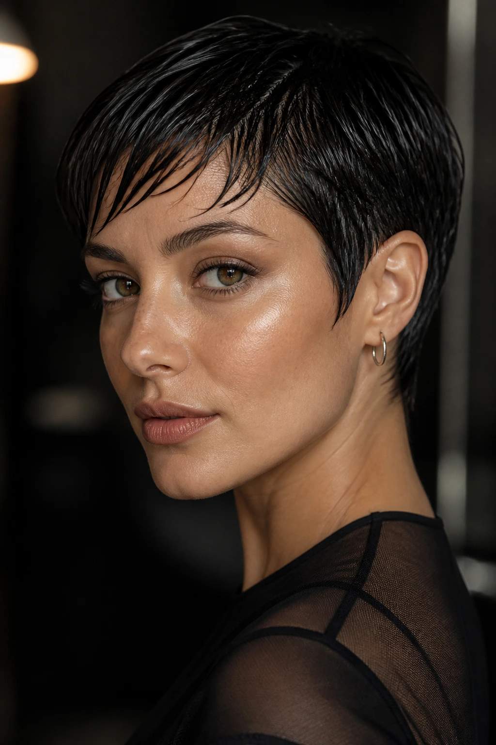 Close-up portrait of a real person with a wet-look pixie, glossy finish.