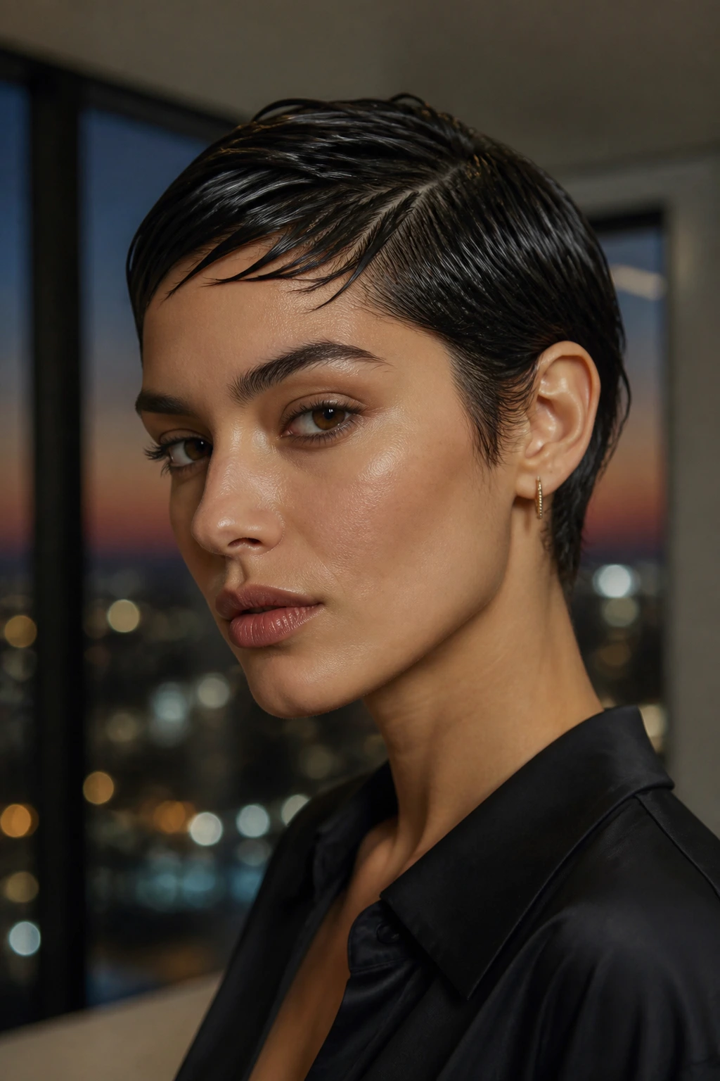Close-up portrait of a woman with wet-look pixie hairstyle under moody window light