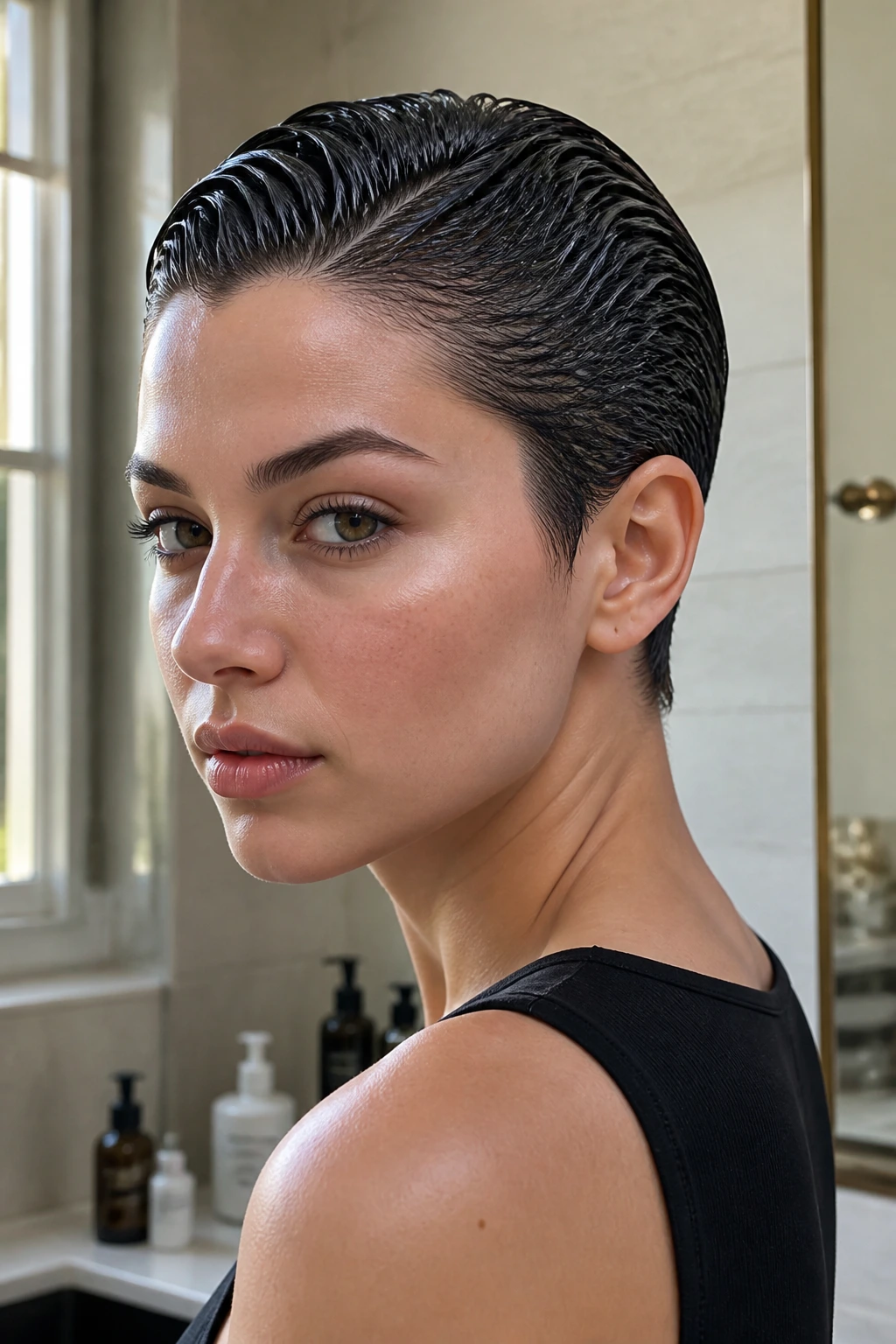 Close-up of a real woman with a wet-look pixie hairstyle under natural window light