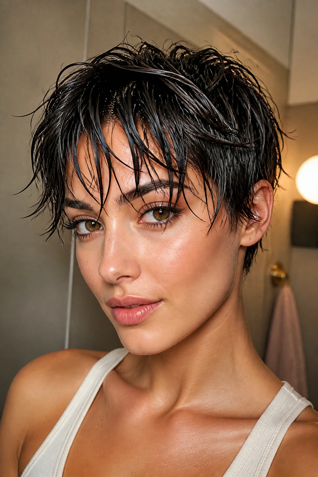 Real woman with a messy wet-look pixie featuring glossy front sections.