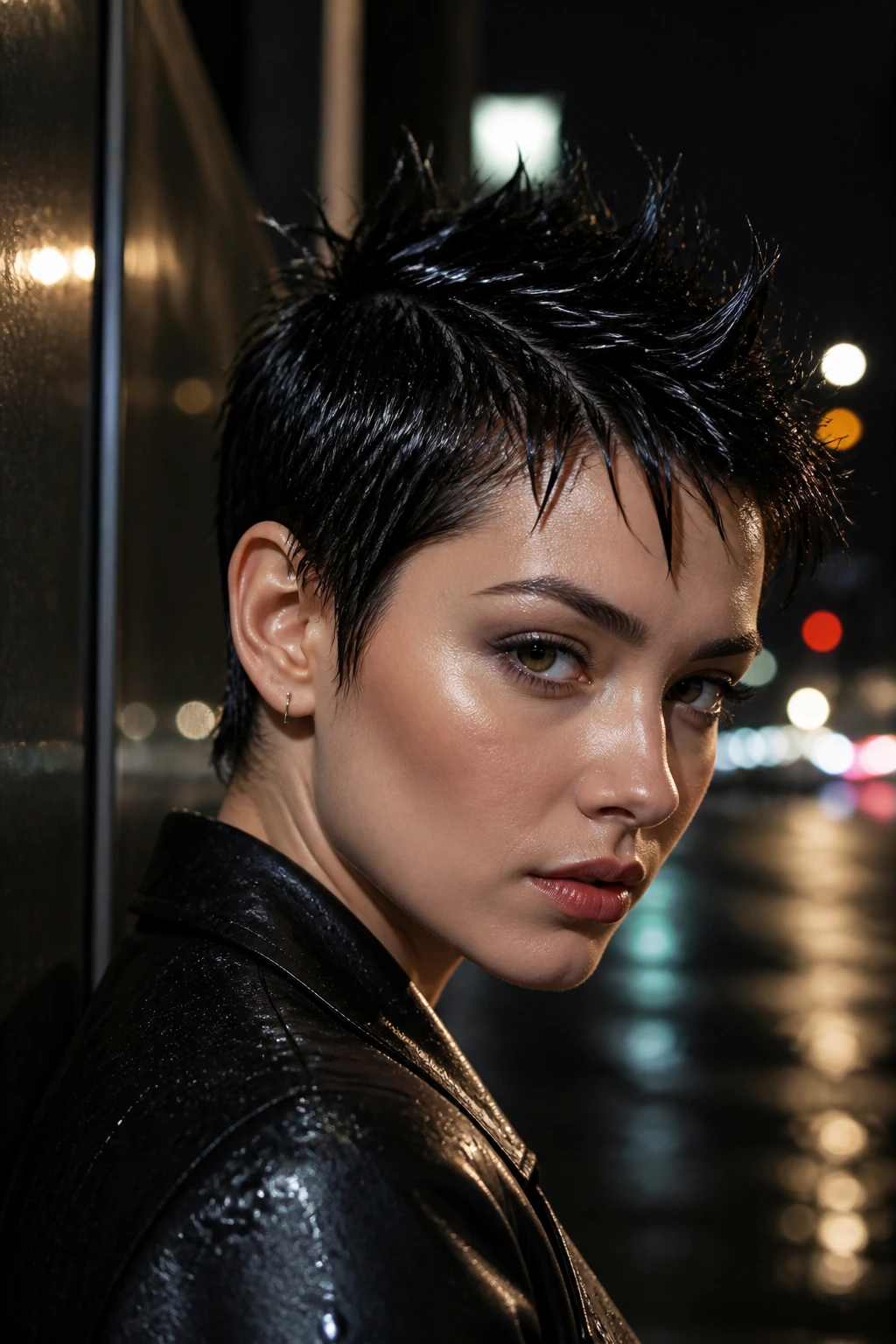 Close-up portrait of a real woman with a wet-look spiky pixie silhouette