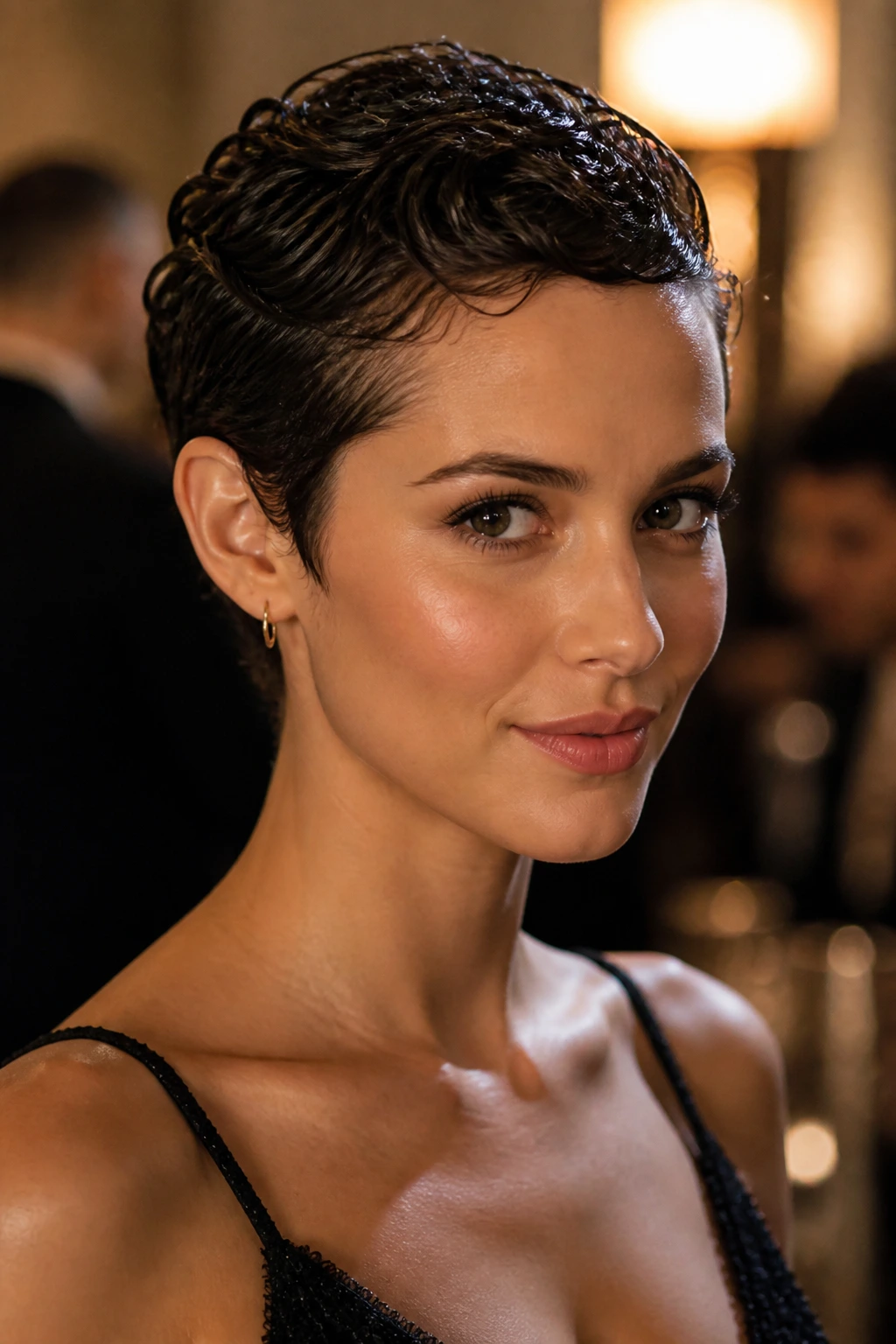 Close-up portrait of a real woman with sleek wet-look pixie in an evening setting.