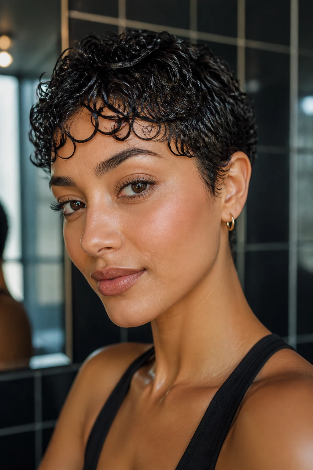 Close-up portrait of a real person with wet-look curly pixie.