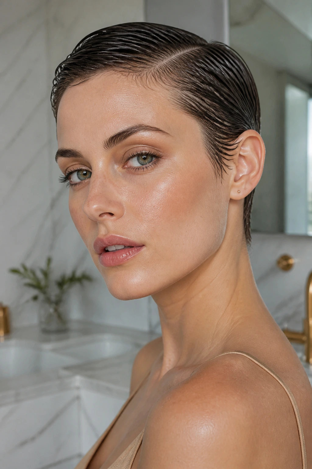 Real woman with wet-look pixie hairstyle in a modern bathroom