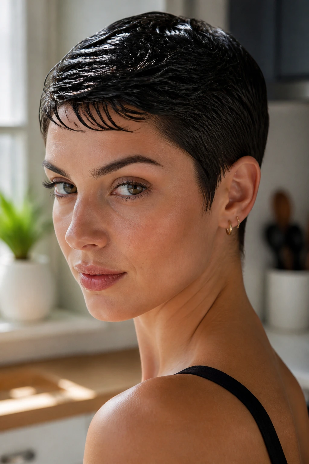 Close-up of a real woman with wet-look pixie hairstyle