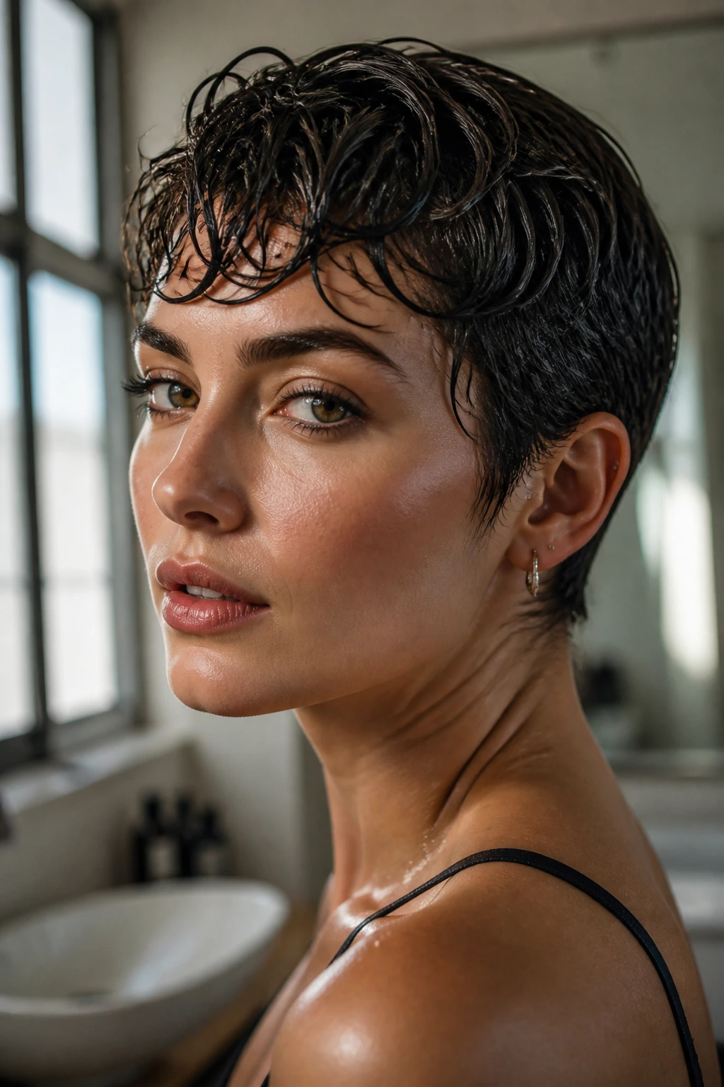 Close-up of real woman with glossy wet-look pixie hairstyle