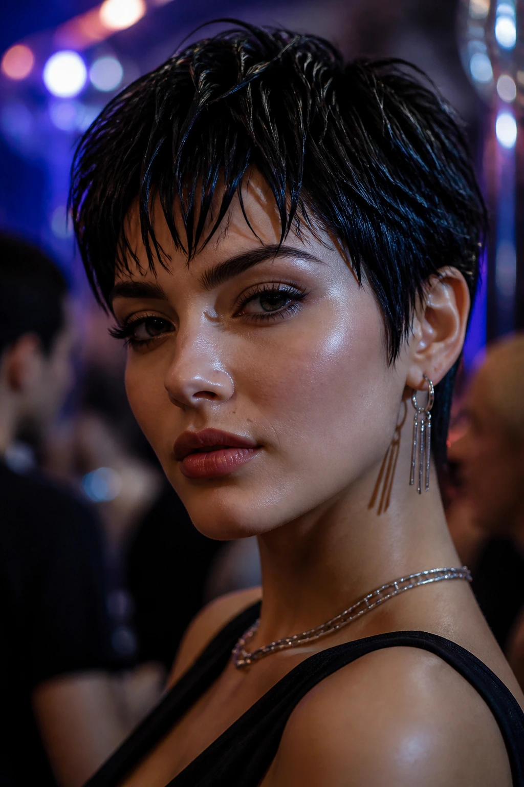 Close-up of a real woman with wet-look choppy pixie under nightclub lighting