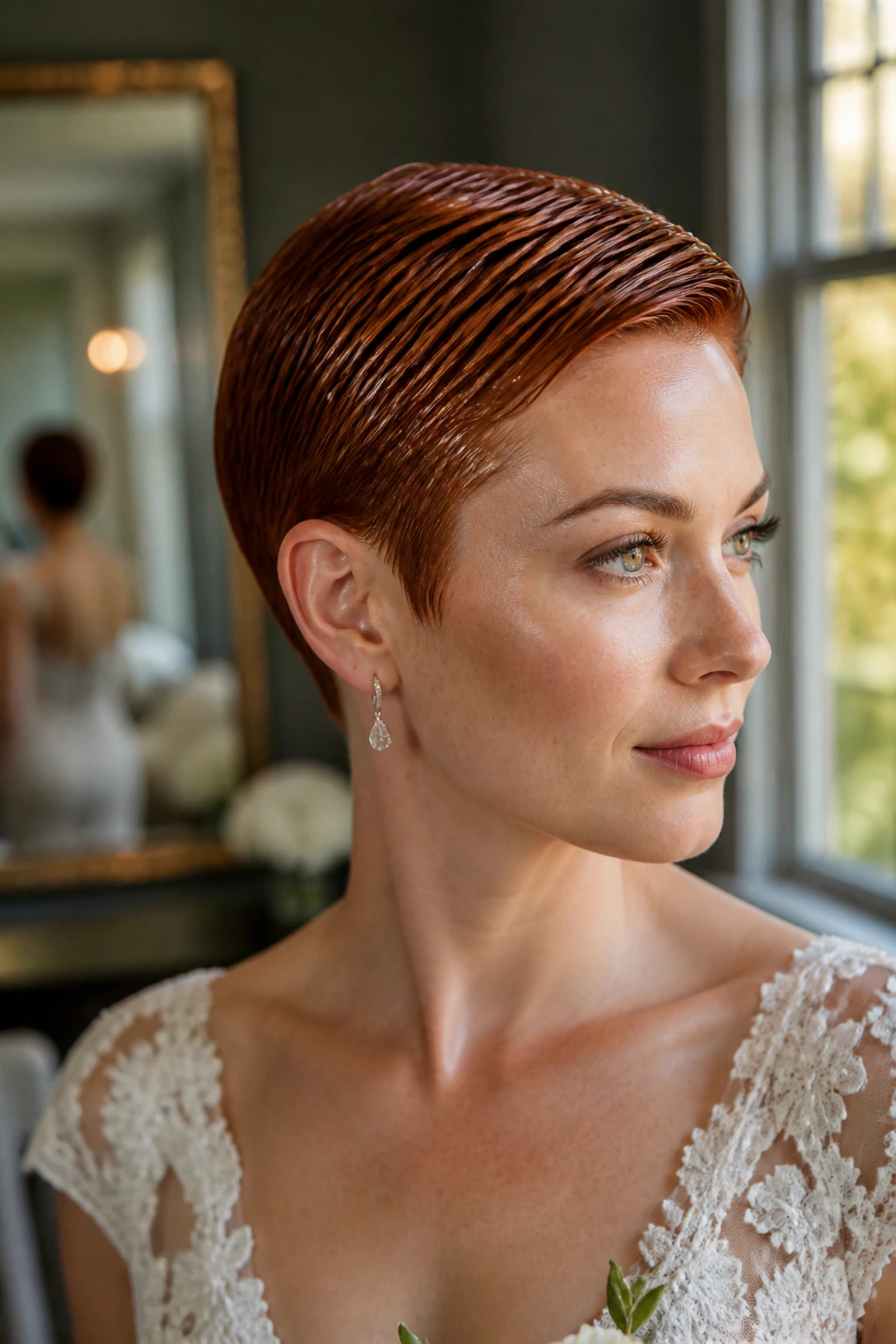 Close-up of a bride with a glossy wet-look red pixie and clean edges
