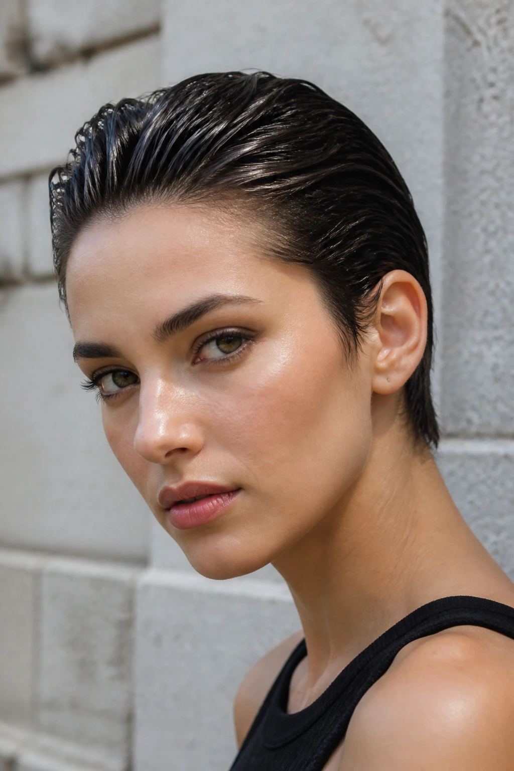 Portrait of a woman with a slicked-back wet-look pixie hairstyle.