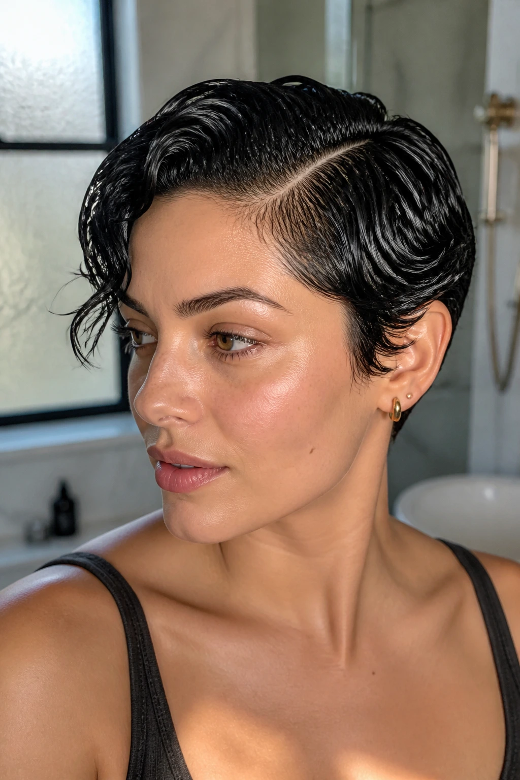 Portrait of a real woman with a glossy wet-look wavy pixie hairstyle