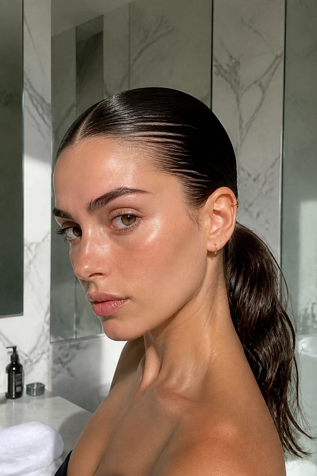 Close-up of a woman with a wet-look low ponytail in a marble bathroom.