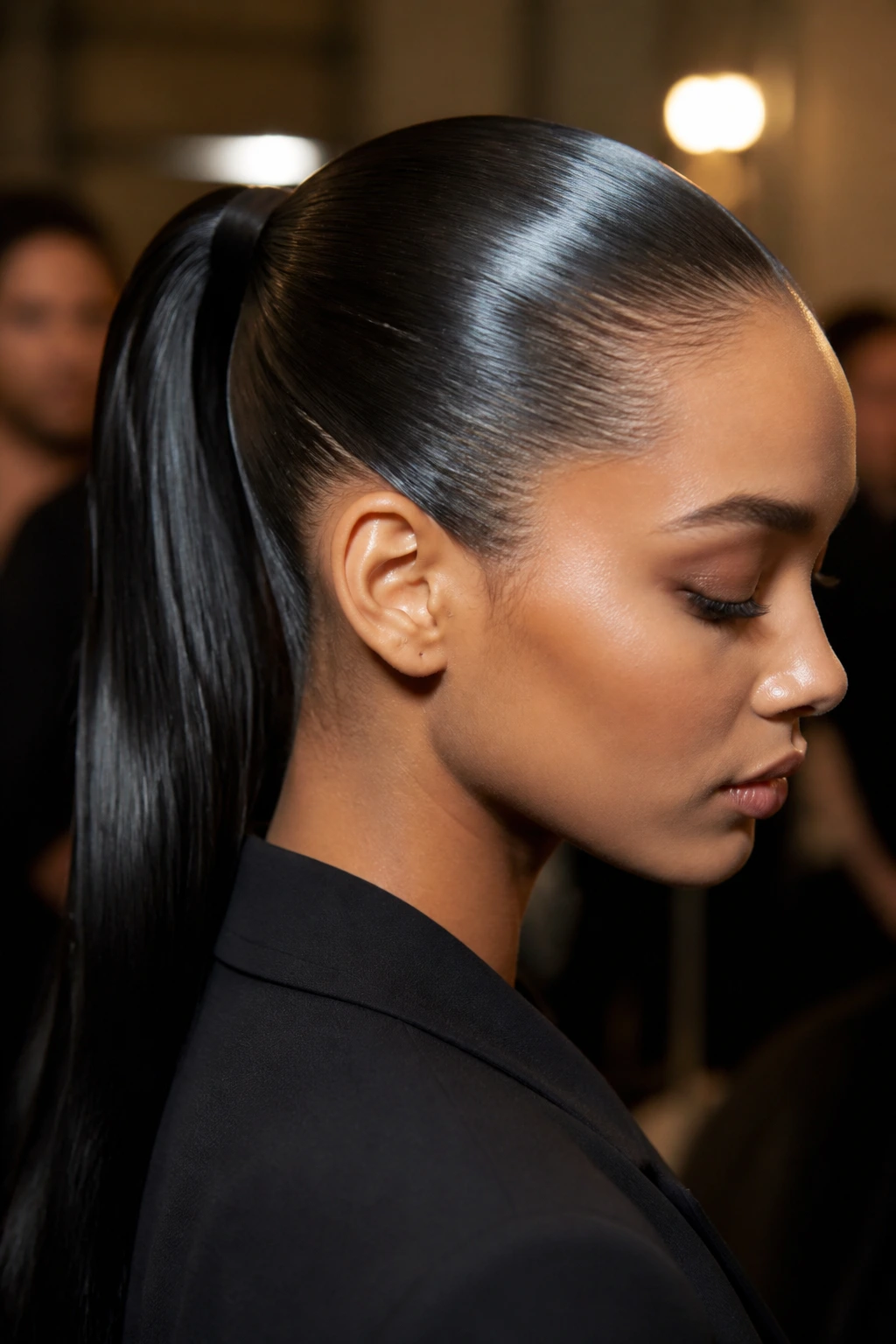 Close-up of a real person with a glossy wet-look ponytail under backstage lighting.