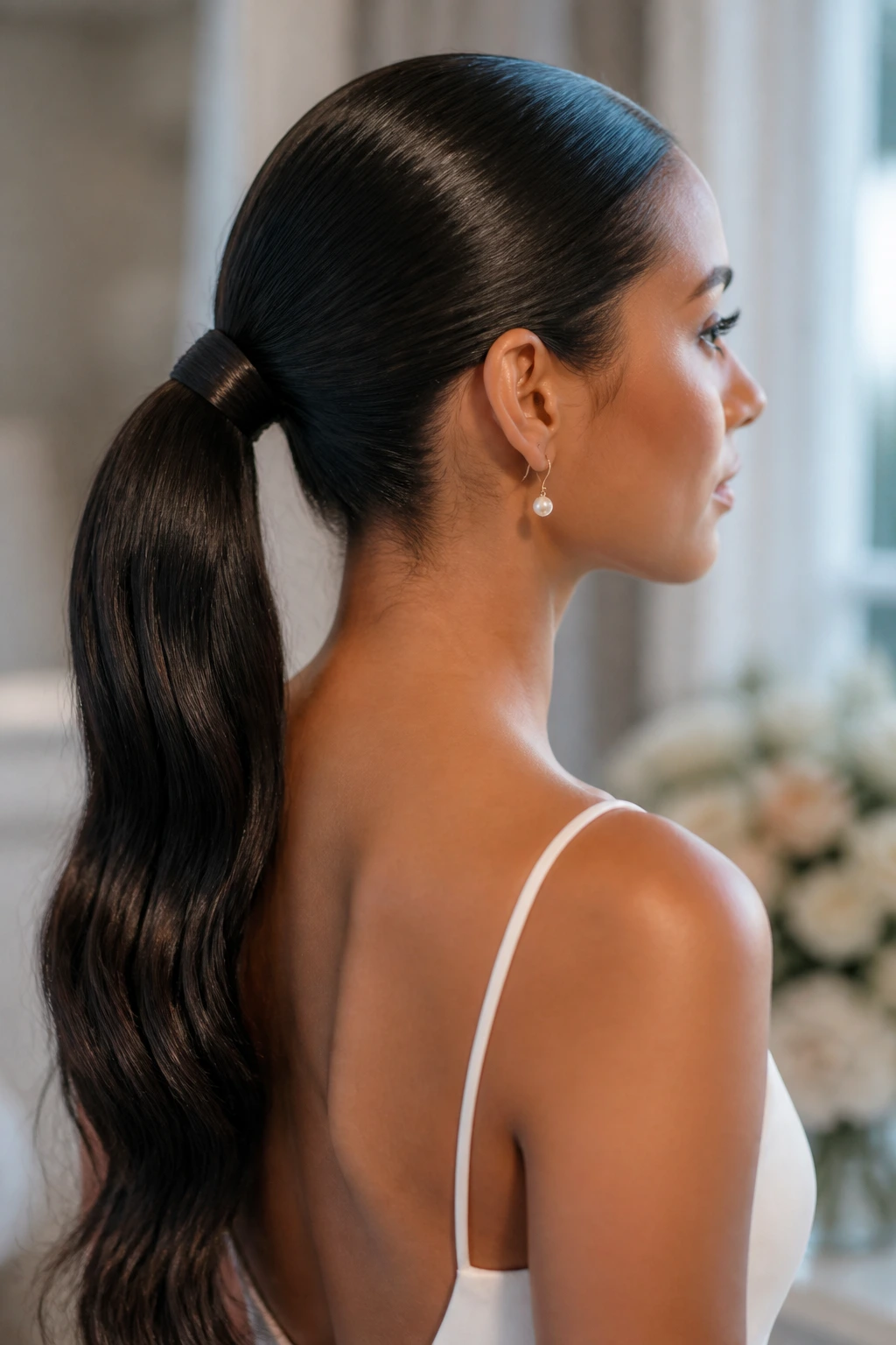 Close-up of a glossy wet-look ponytail on a real person.