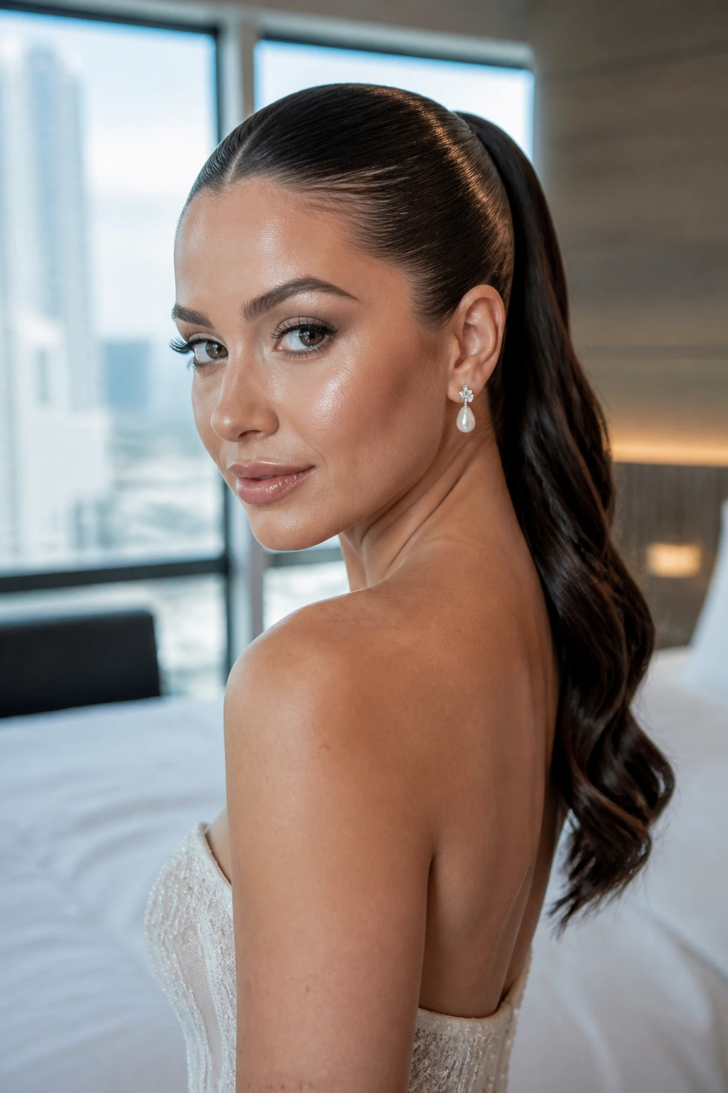 Close-up of a real bride with a glossy wet-look ponytail