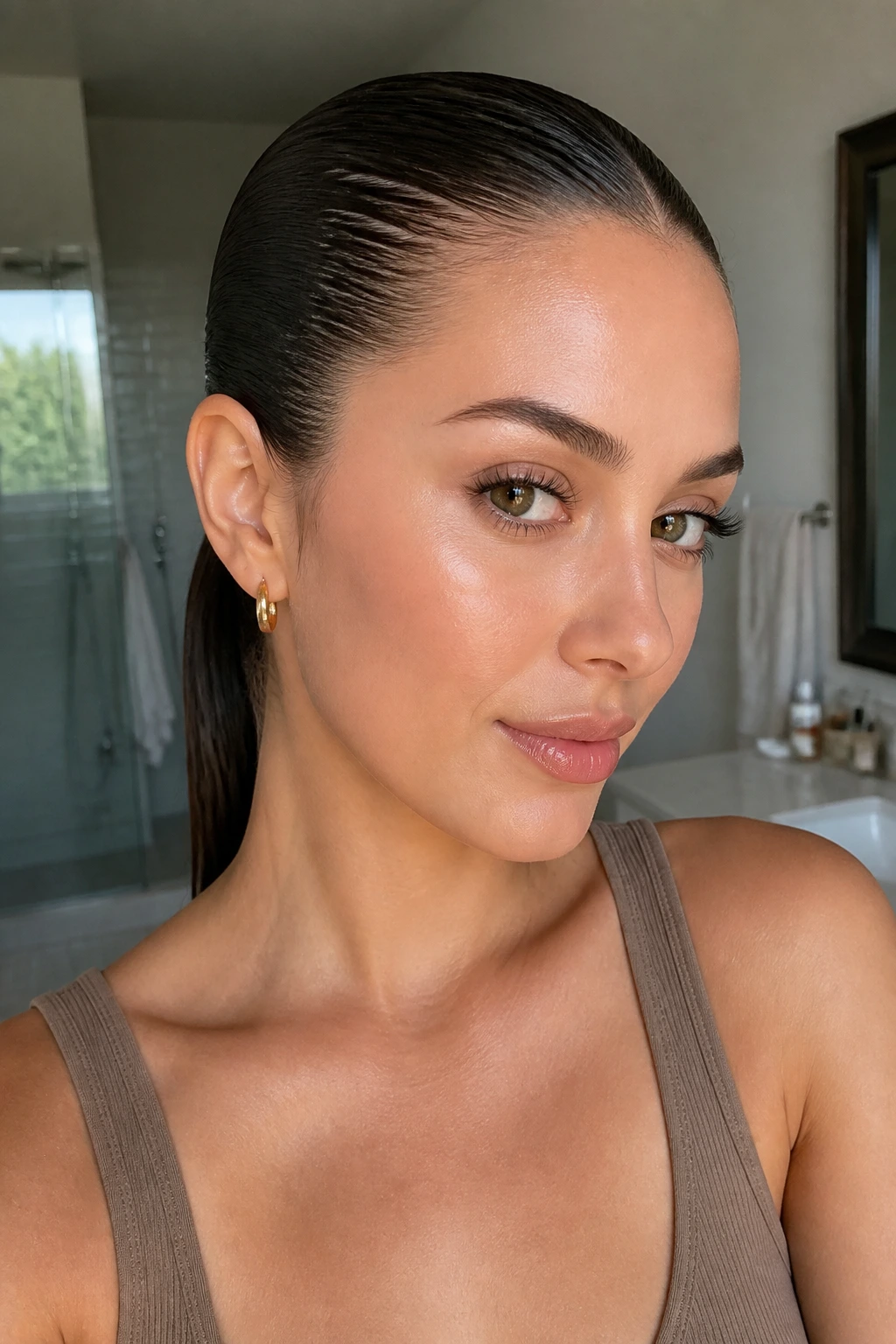 Close-up of a real woman with a sleek wet-look ponytail and glossy damp roots.