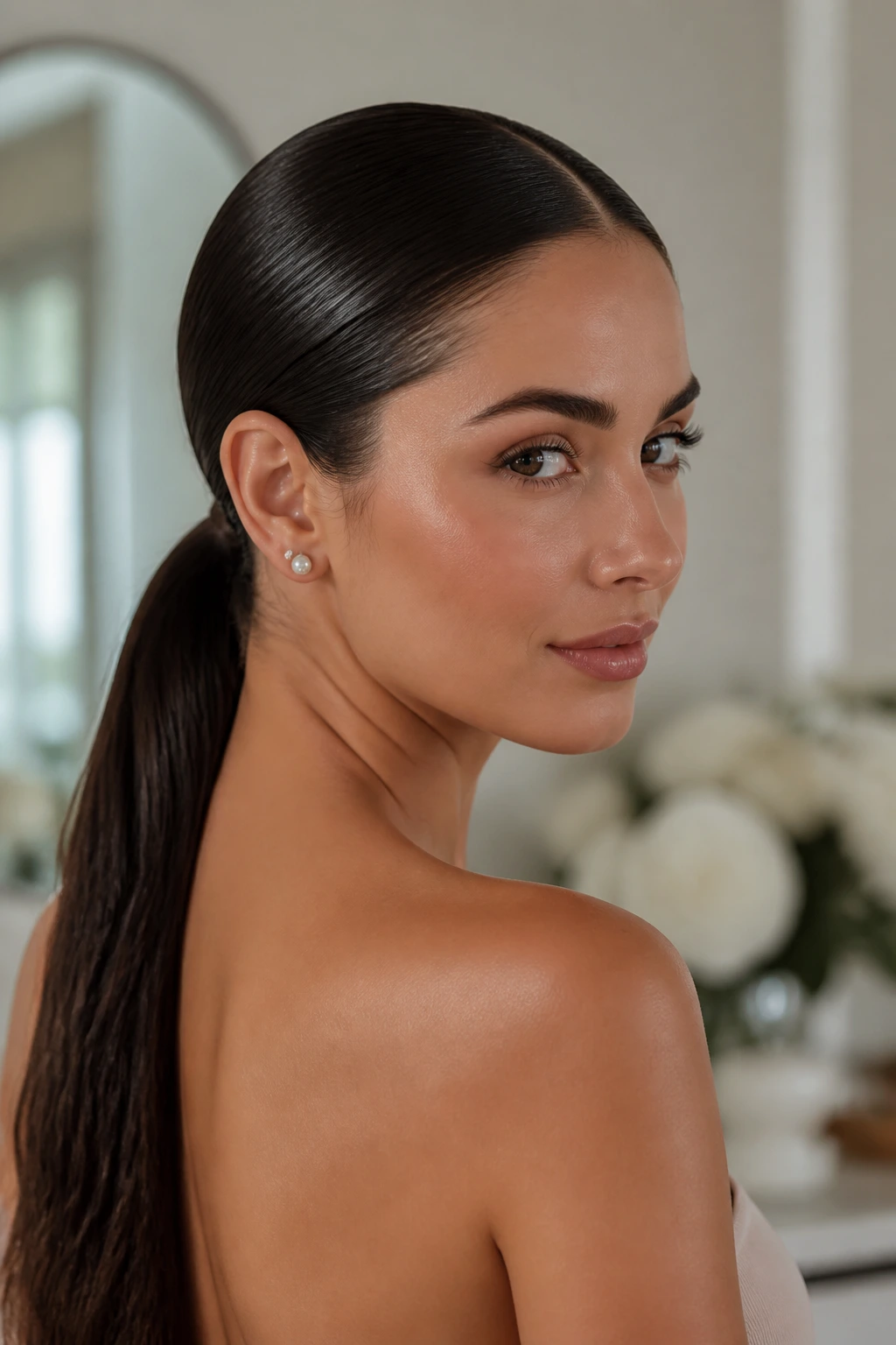 Close-up of a real woman with a glossy wet-look low ponytail and gelled crown.