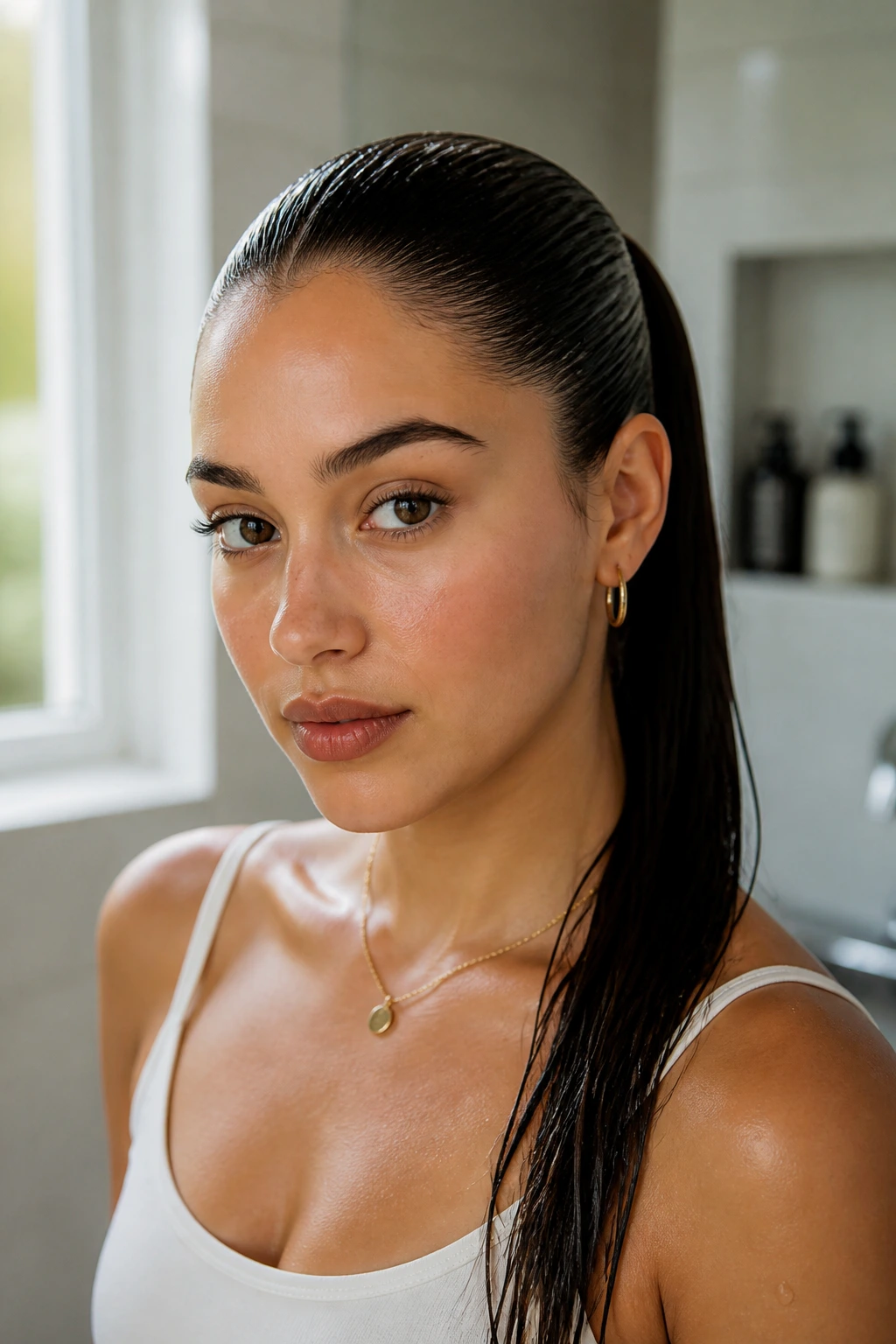 Close-up of a woman with a wet-look ponytail in a bright bathroom