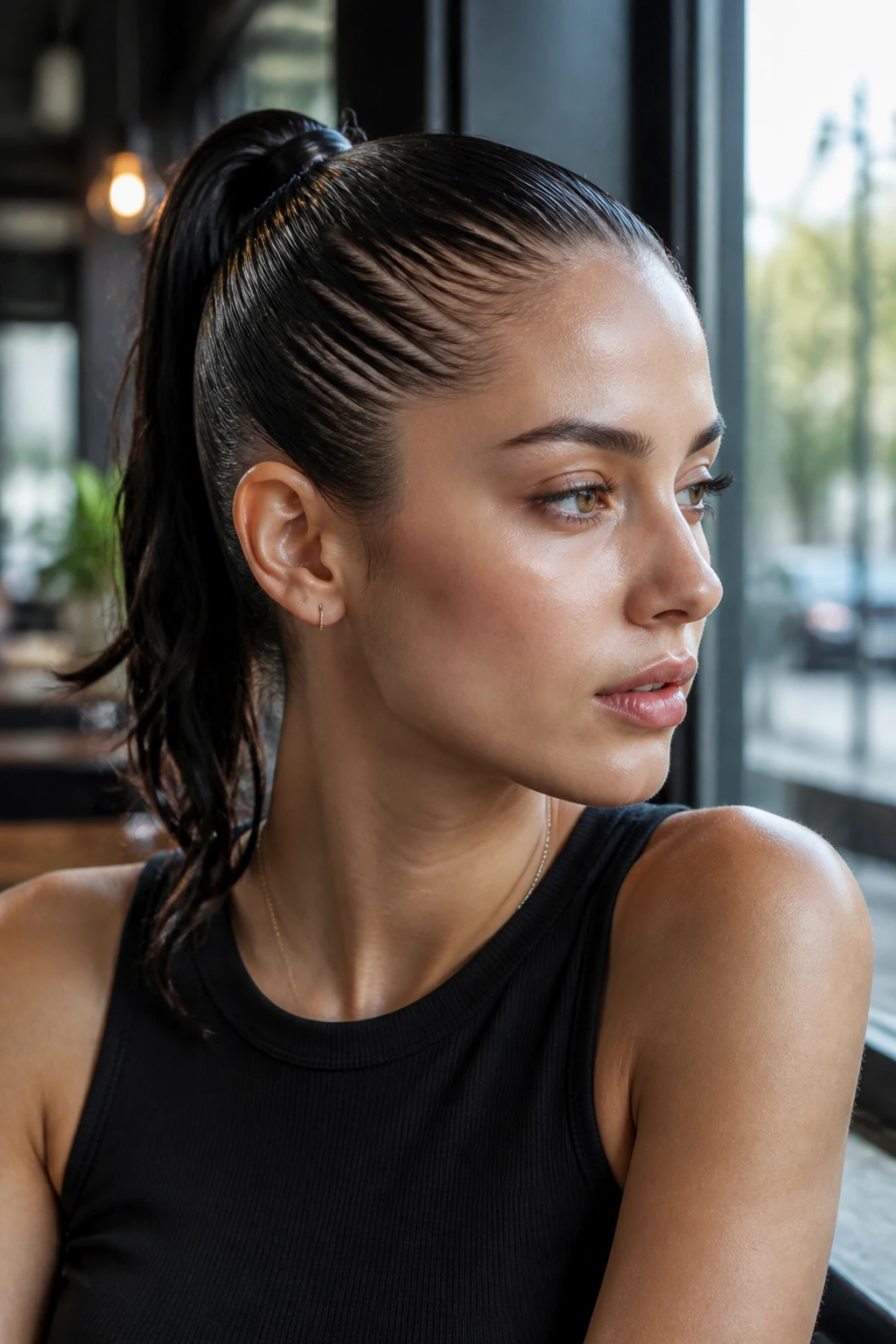 Close-up of a real person with a wet-look, glossy ponytail slicked back.