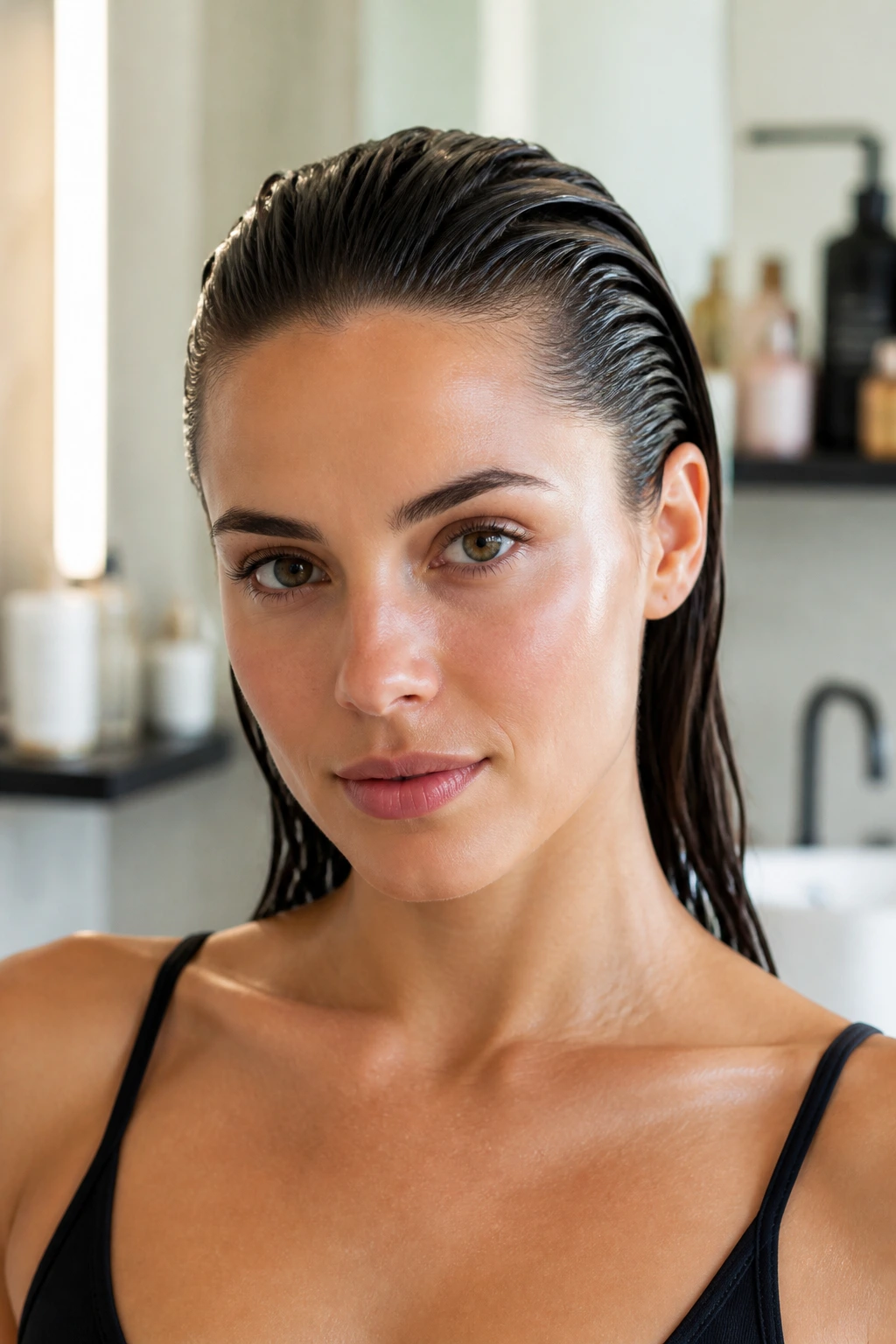 Close-up of real person with glossy wet-look hair and blurred product background