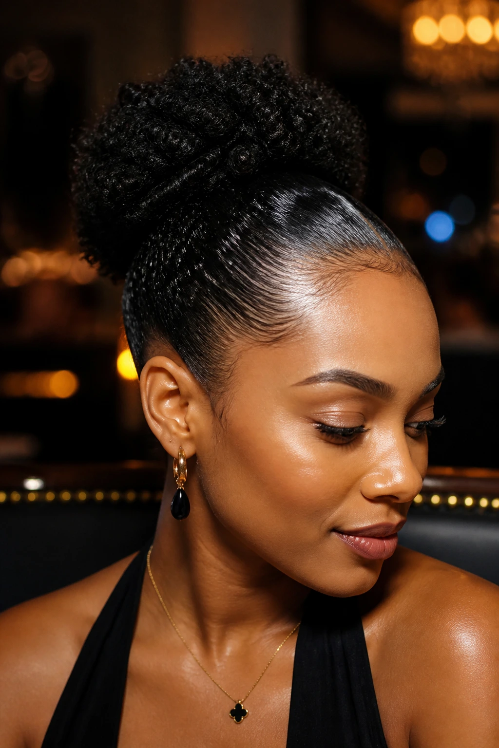 Portrait of a woman with a glossy wet-look puff hairstyle.